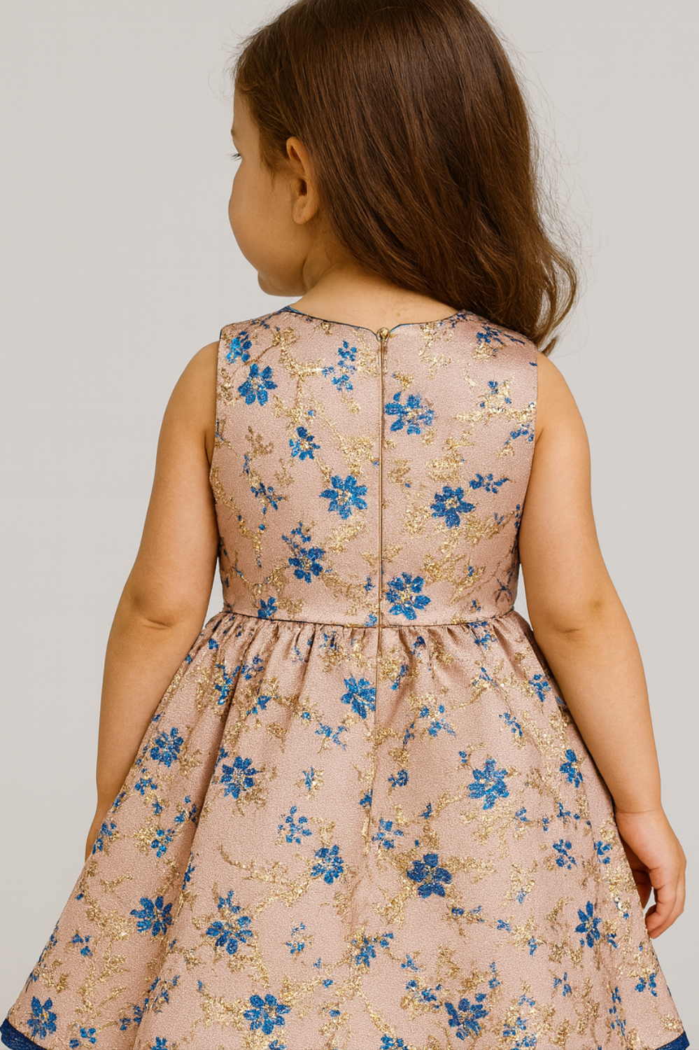 Elegant Pink & Blue Floral Brocade Dress for Girls