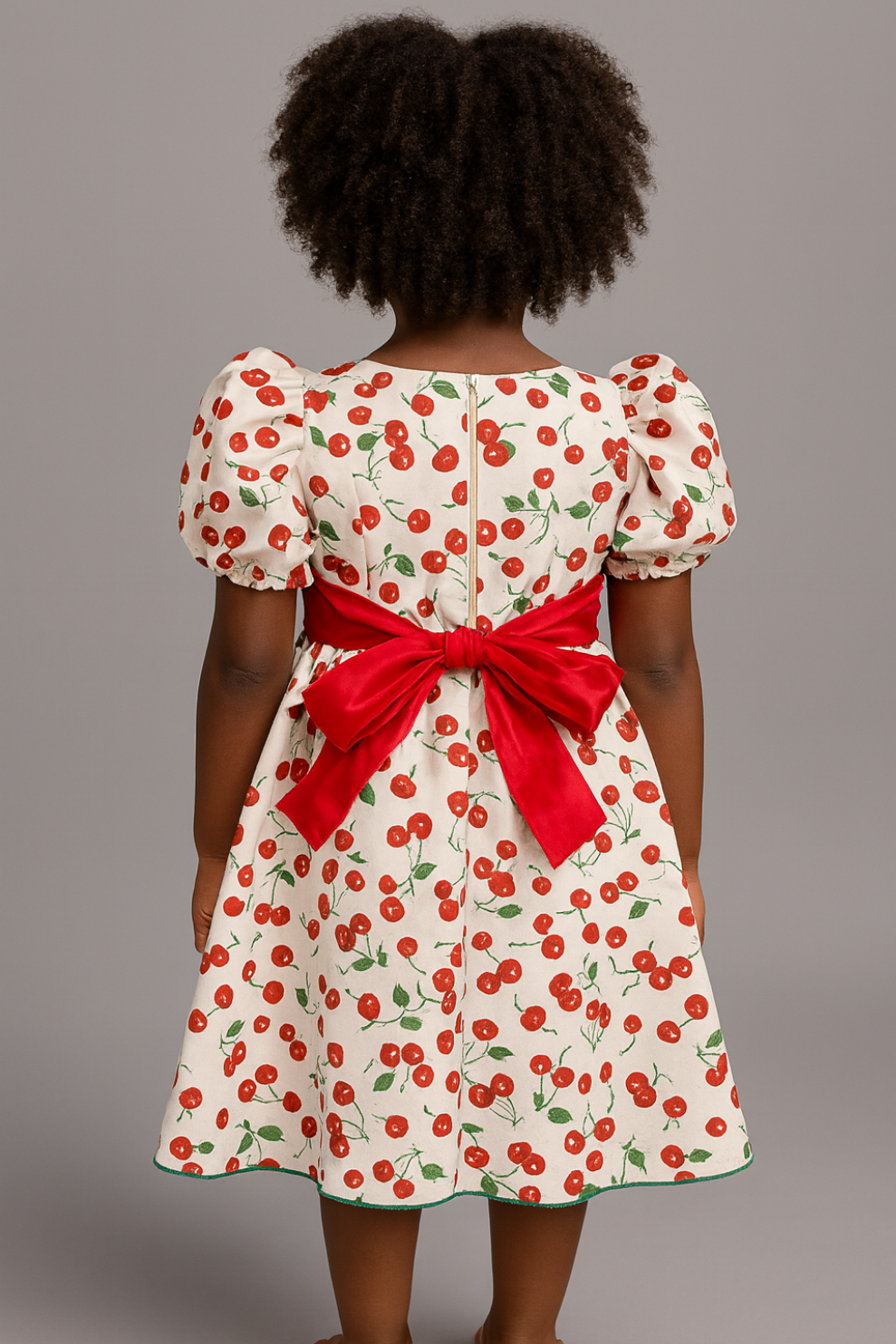Girls’ White Cherry Print Dress with Red Sash – Puff Sleeve Party Outfit