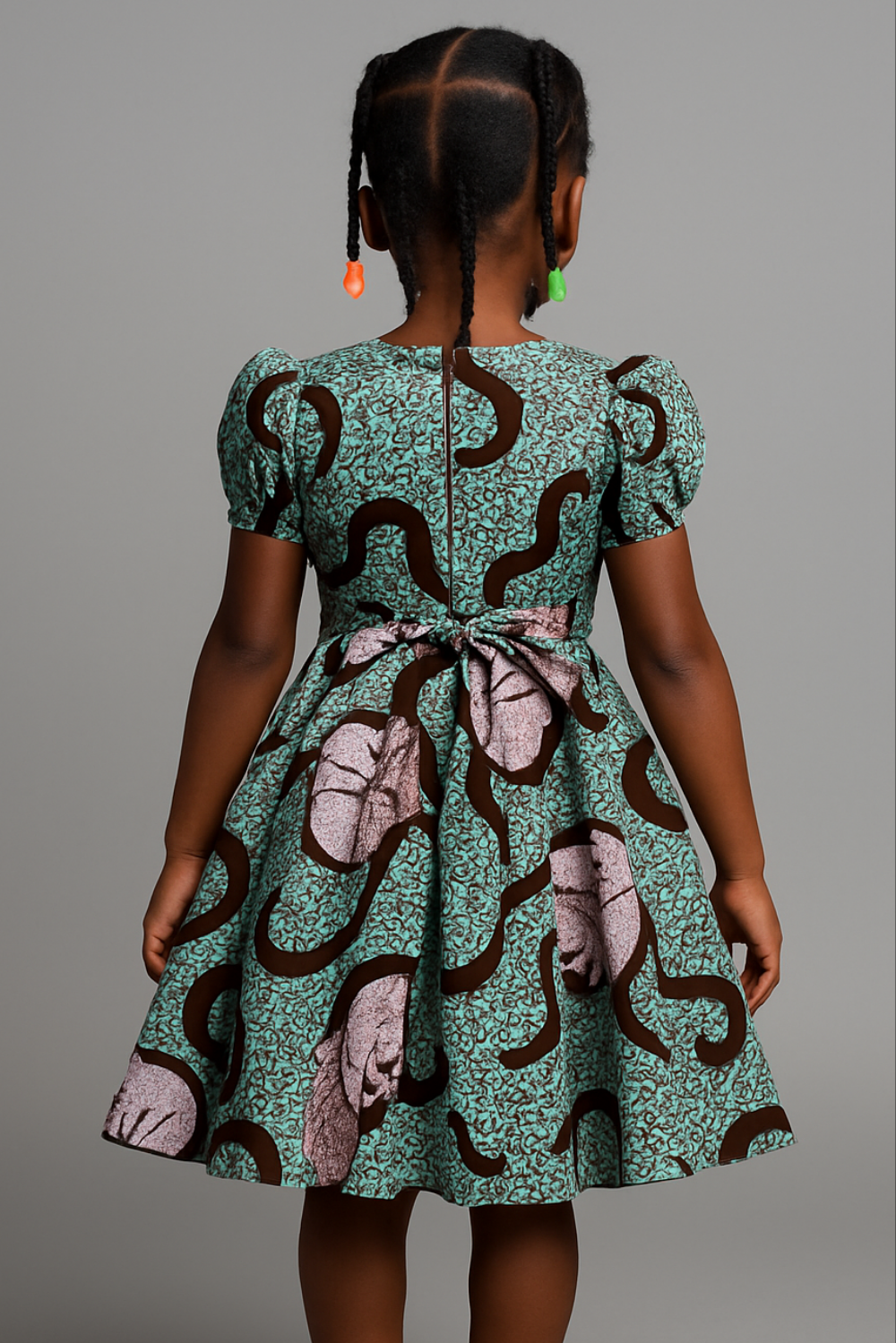 Green and Brown Ankara Print Girl's Dress with Puff Sleeves and Bow Back