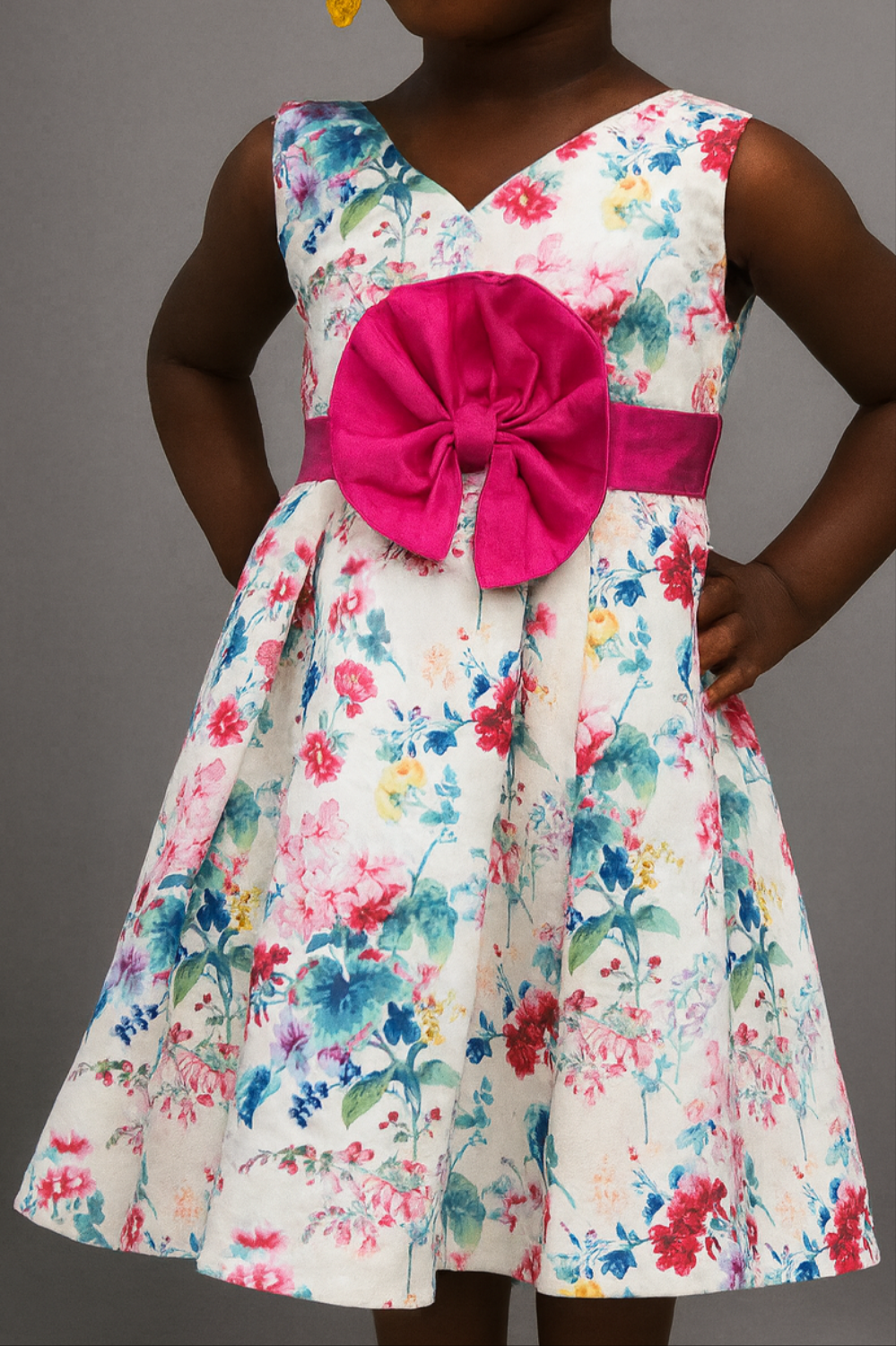 Girls Floral Party Dress with Zig-Zag V-Back and Red Zipper