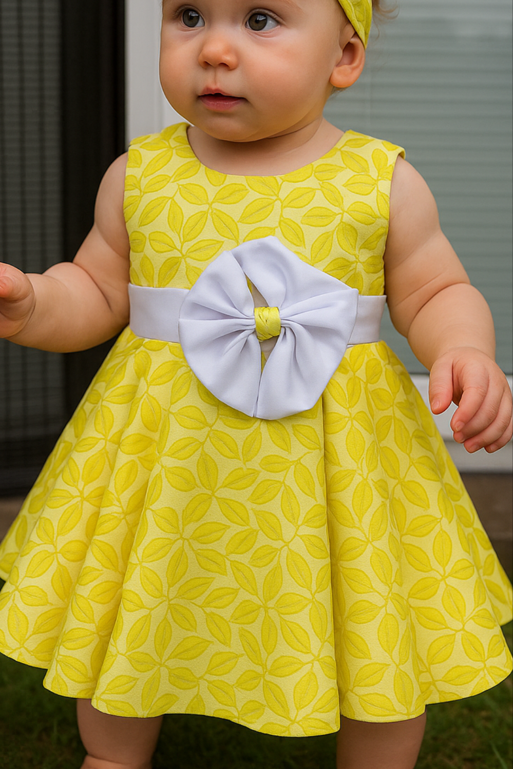 Girls' Yellow Floral Jacquard Dress with White Bow – Sunny Party Style