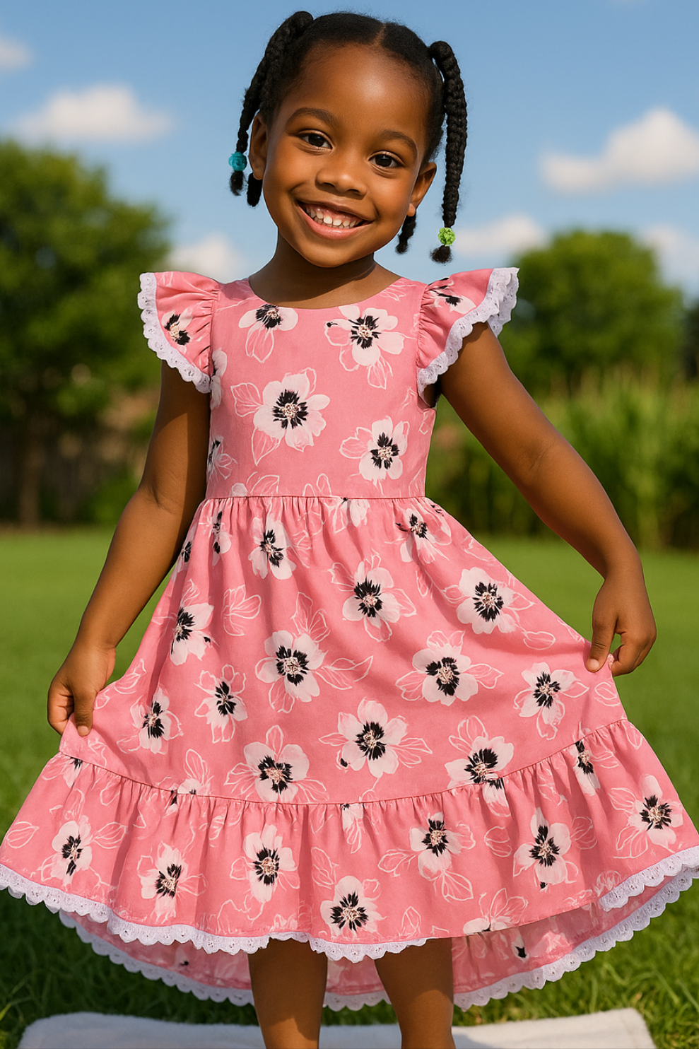 Girls’ Pink Floral Summer Dress with Ruffle Hem
