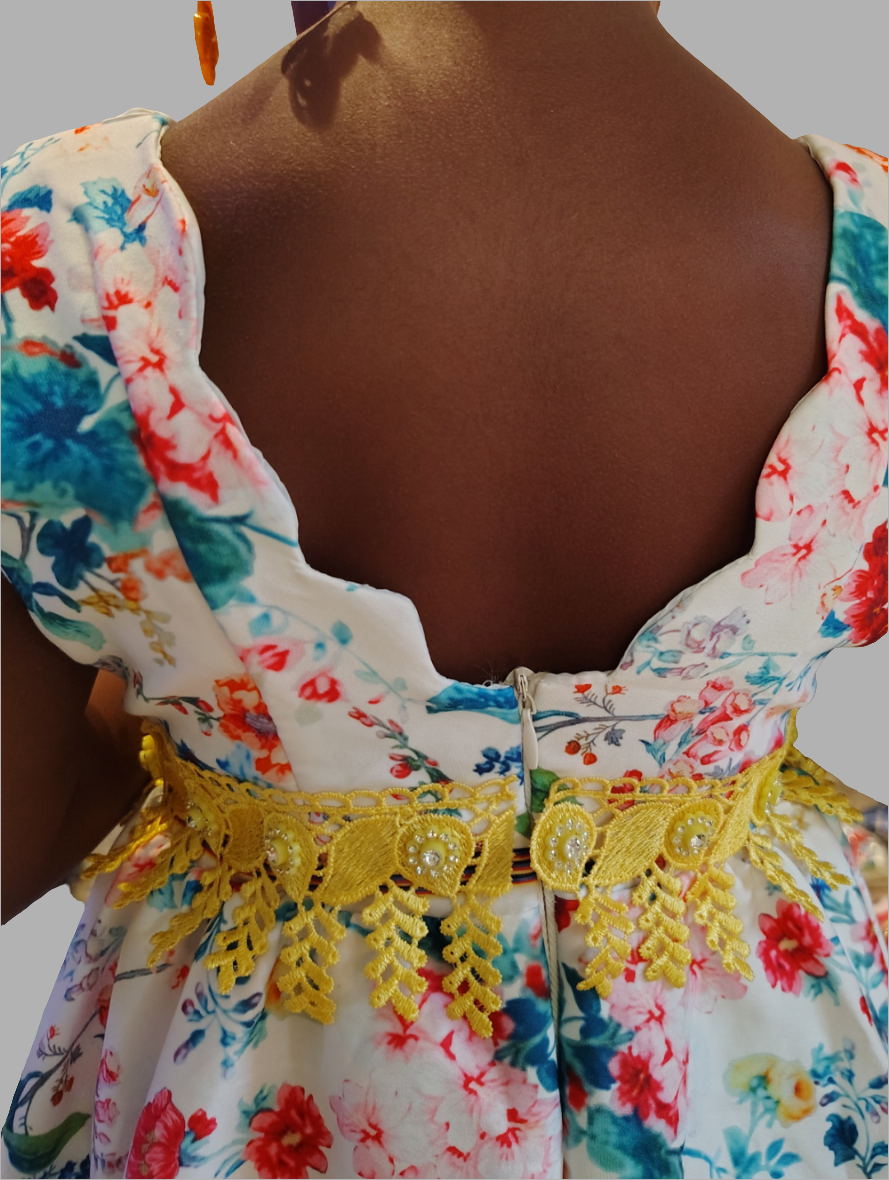 Floral Sleeveless Dress with Yellow Lace Belt