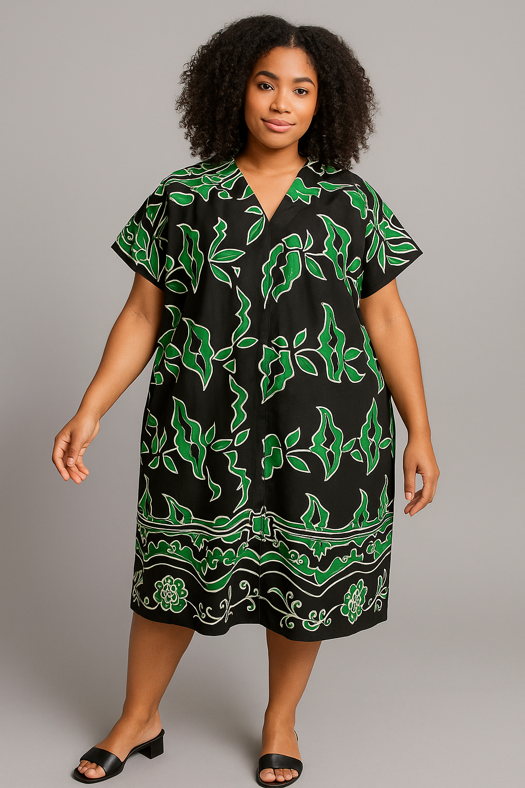 Green & Black Leaf-Print Ankara Kaftan Dress