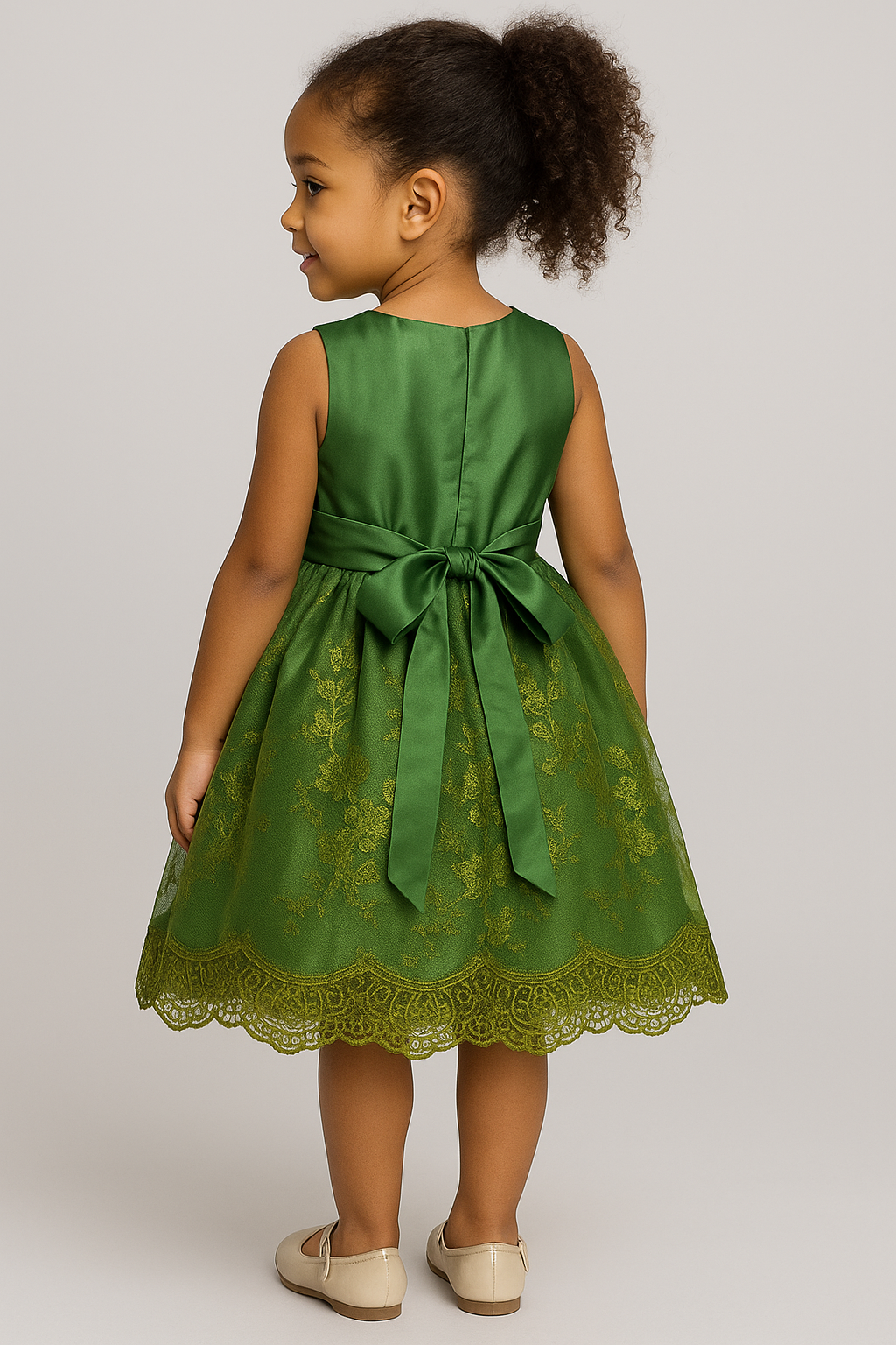 Elegant Green Satin & Lace Party Dress for Girls