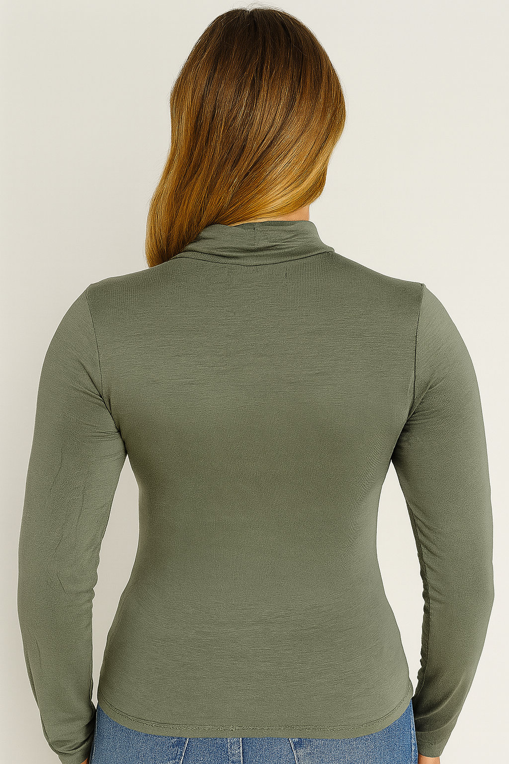 Women's Olive Green Fitted Turtleneck Long Sleeve Top