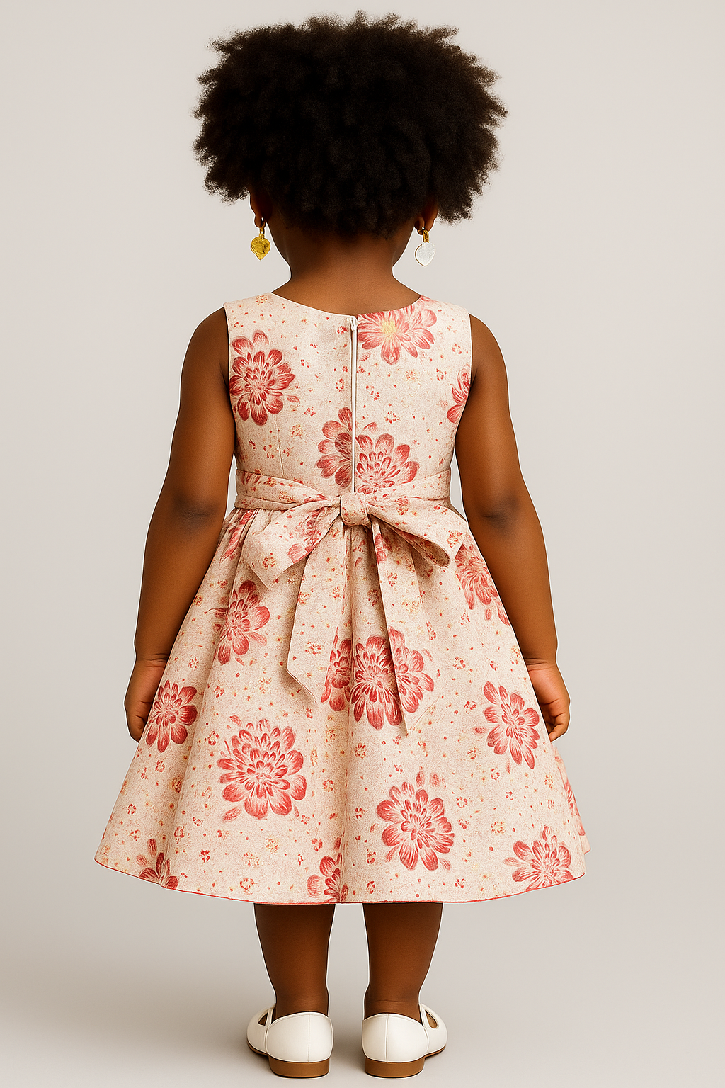 Girls’ Ivory & Red Floral Party Dress with Bow