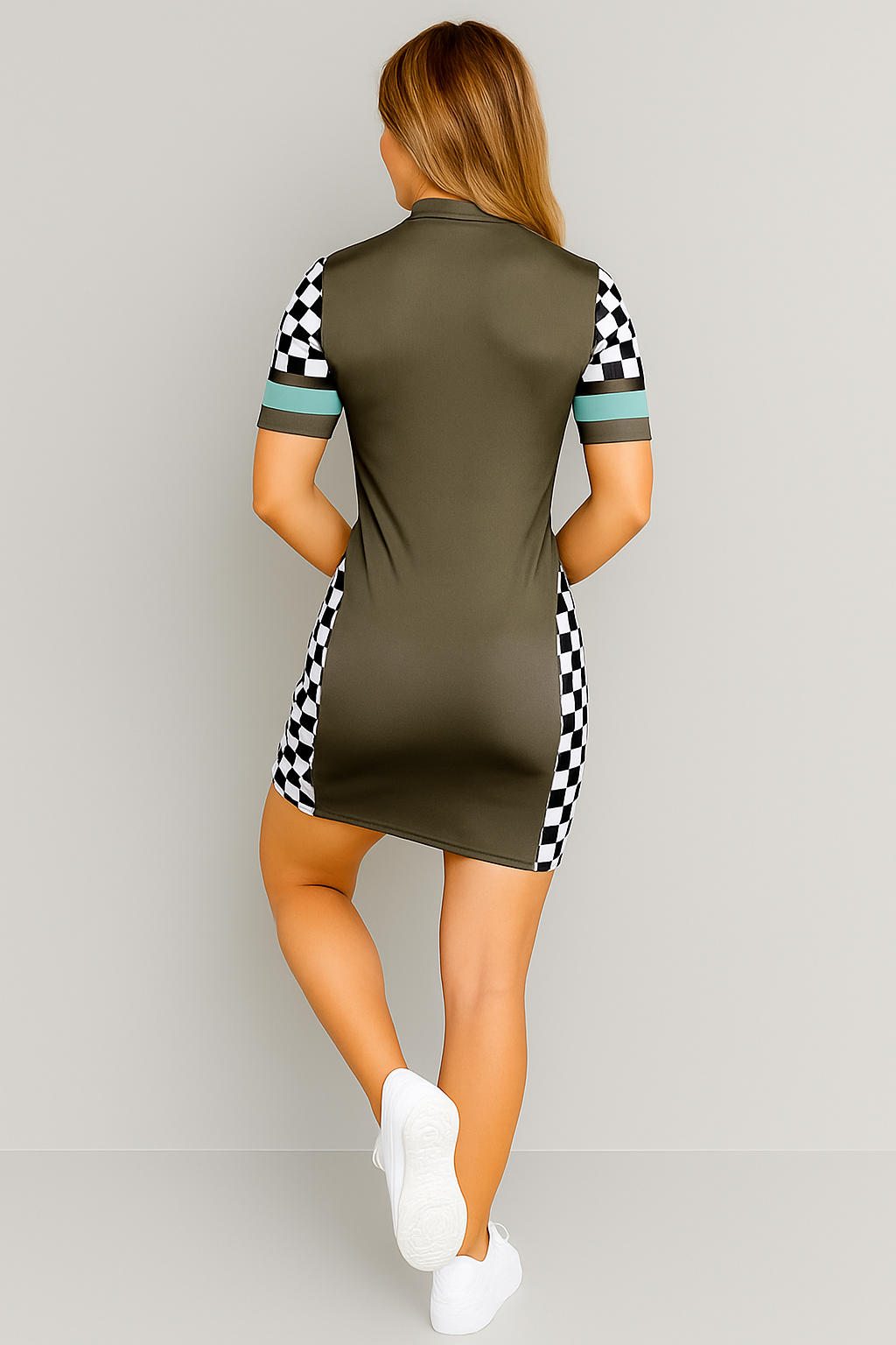 Checkered Zip Front Bodycon Dress – Olive & Black/ Blue & Black