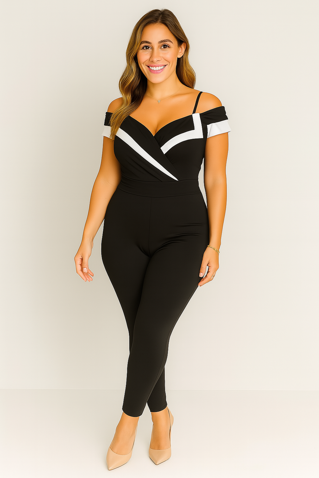Off-Shoulder Jumpsuit with White Accent Trim