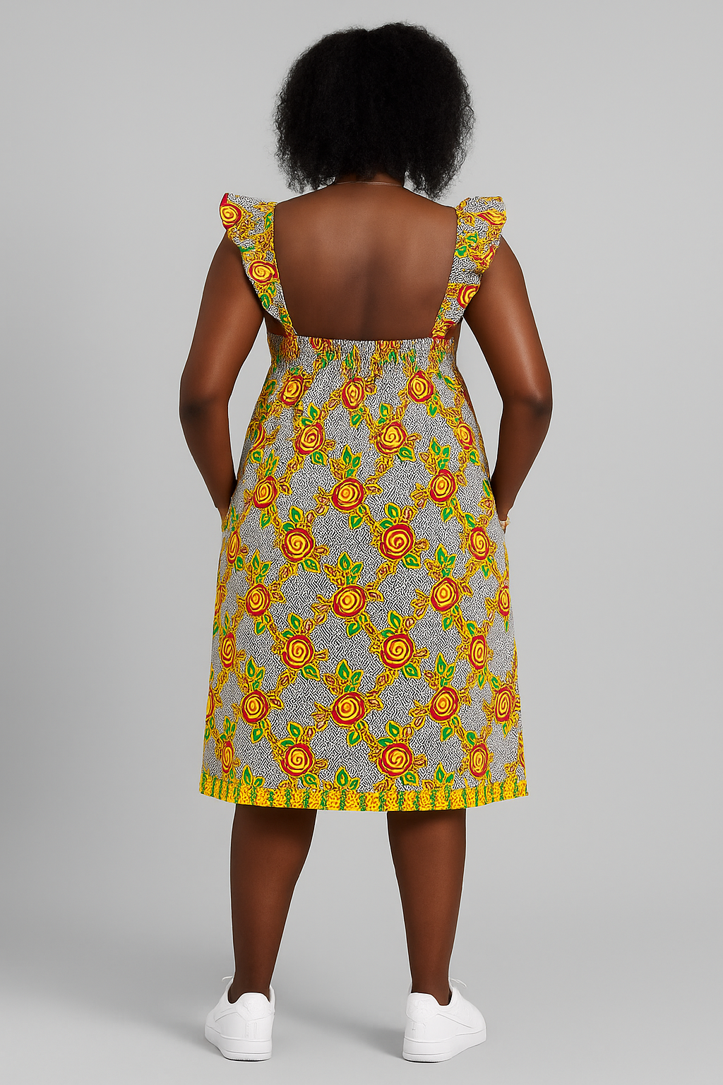 Women’s Sleeveless Ankara Midi Dress – Rose Print