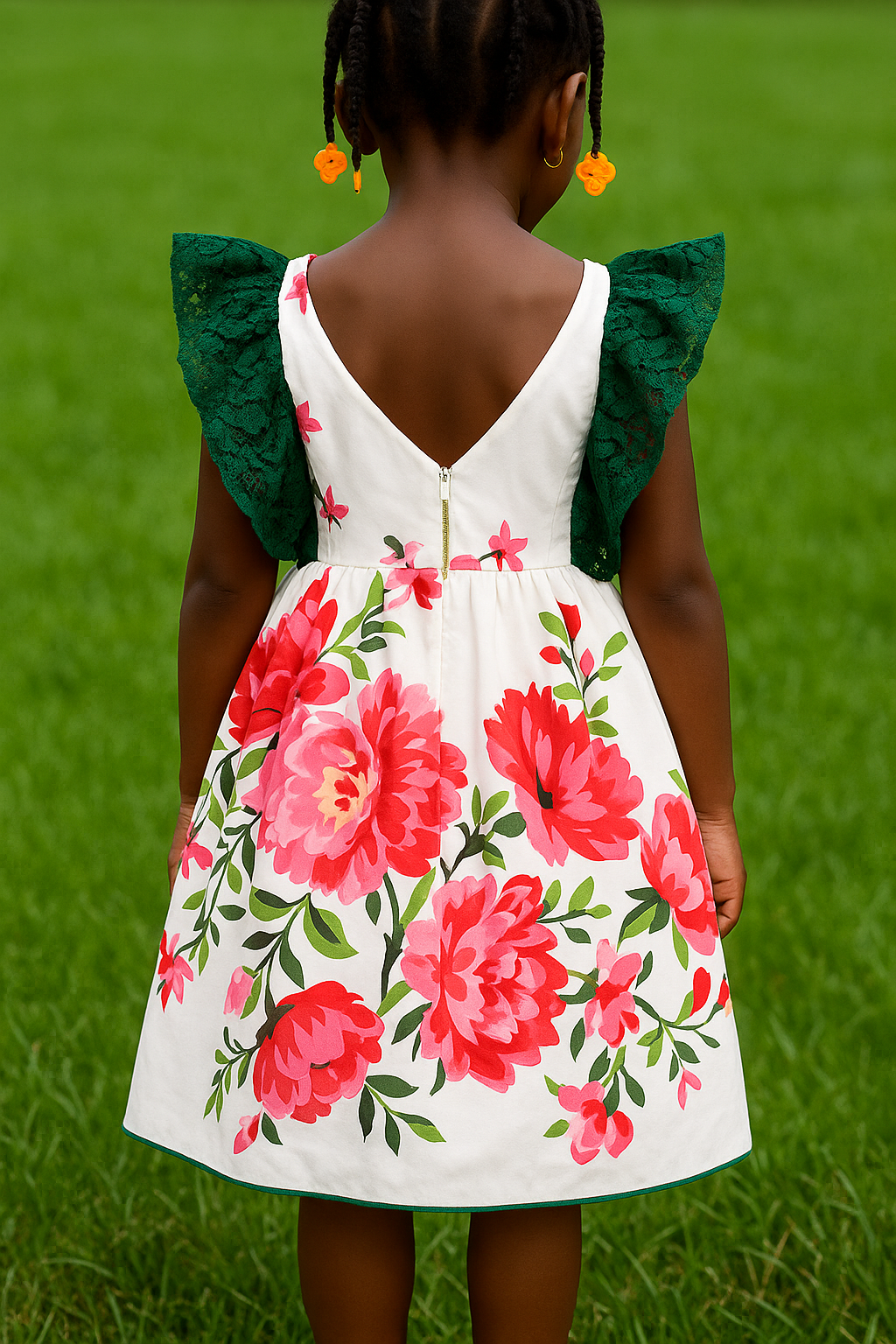Girls Green Lace & Pink Floral Summer Dress