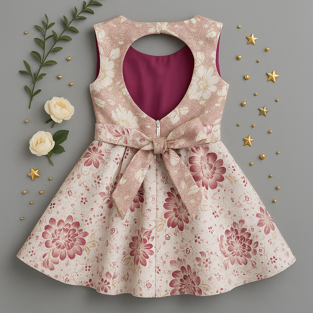 Blush Gold Brocade Round Open Back Floral Dress for Girls