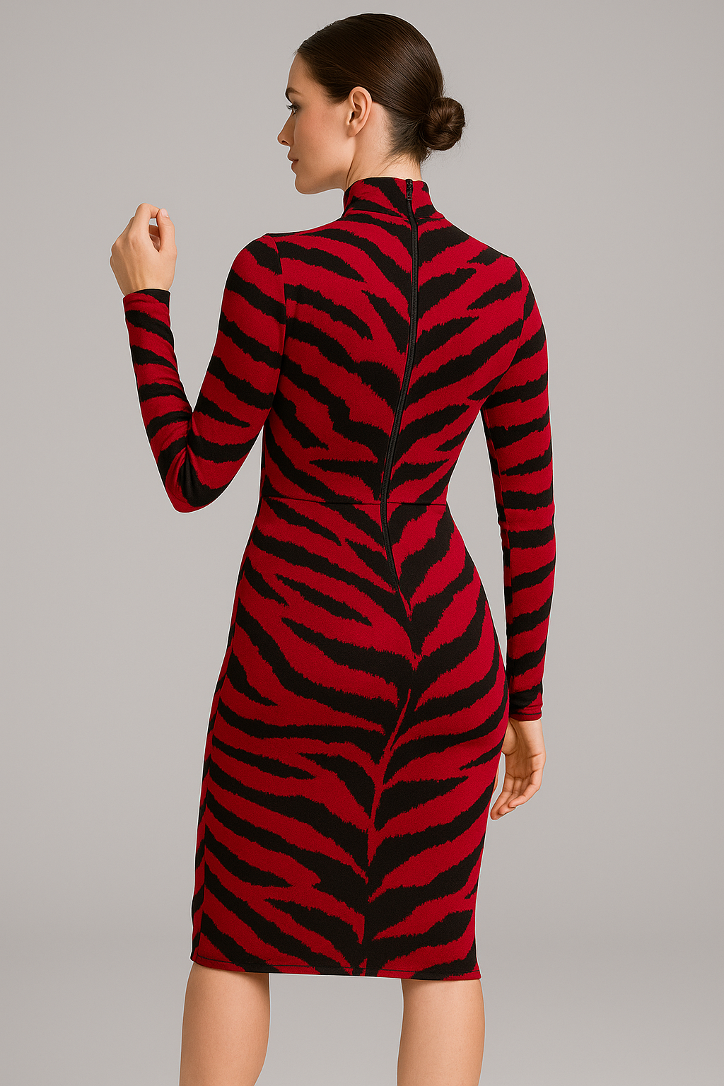 Red & Black Tiger Print Bodycon Midi Dress – Long Sleeve High Neck