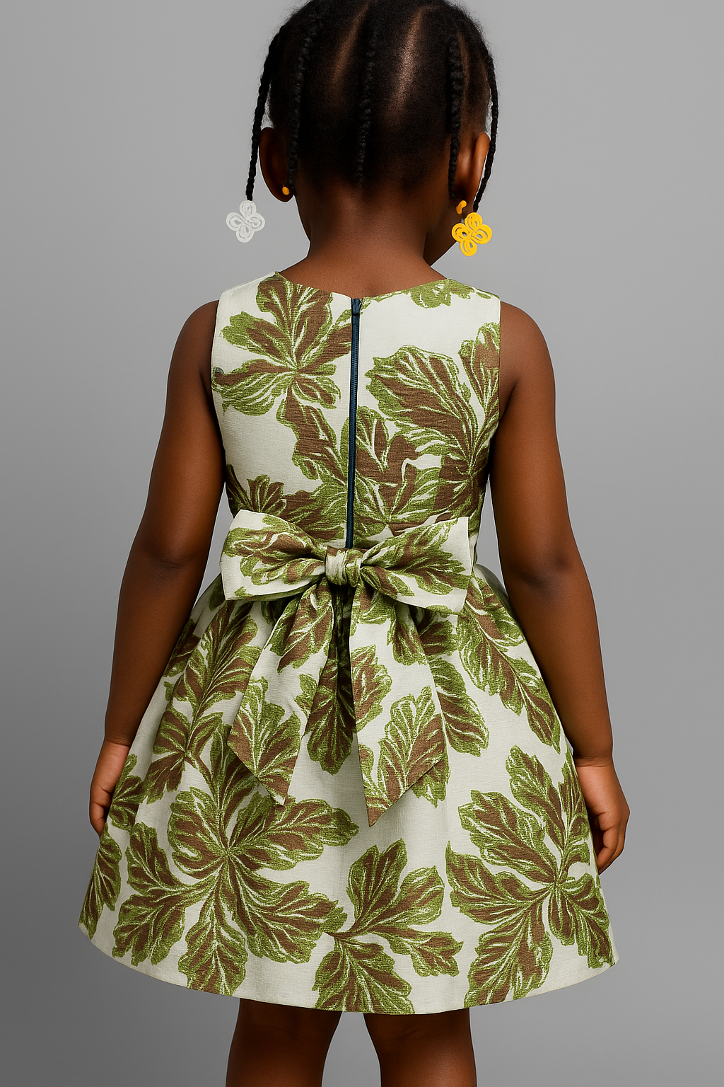 Girls’ Elegant Metallic Leaf Print Party Dress – Green & Gold