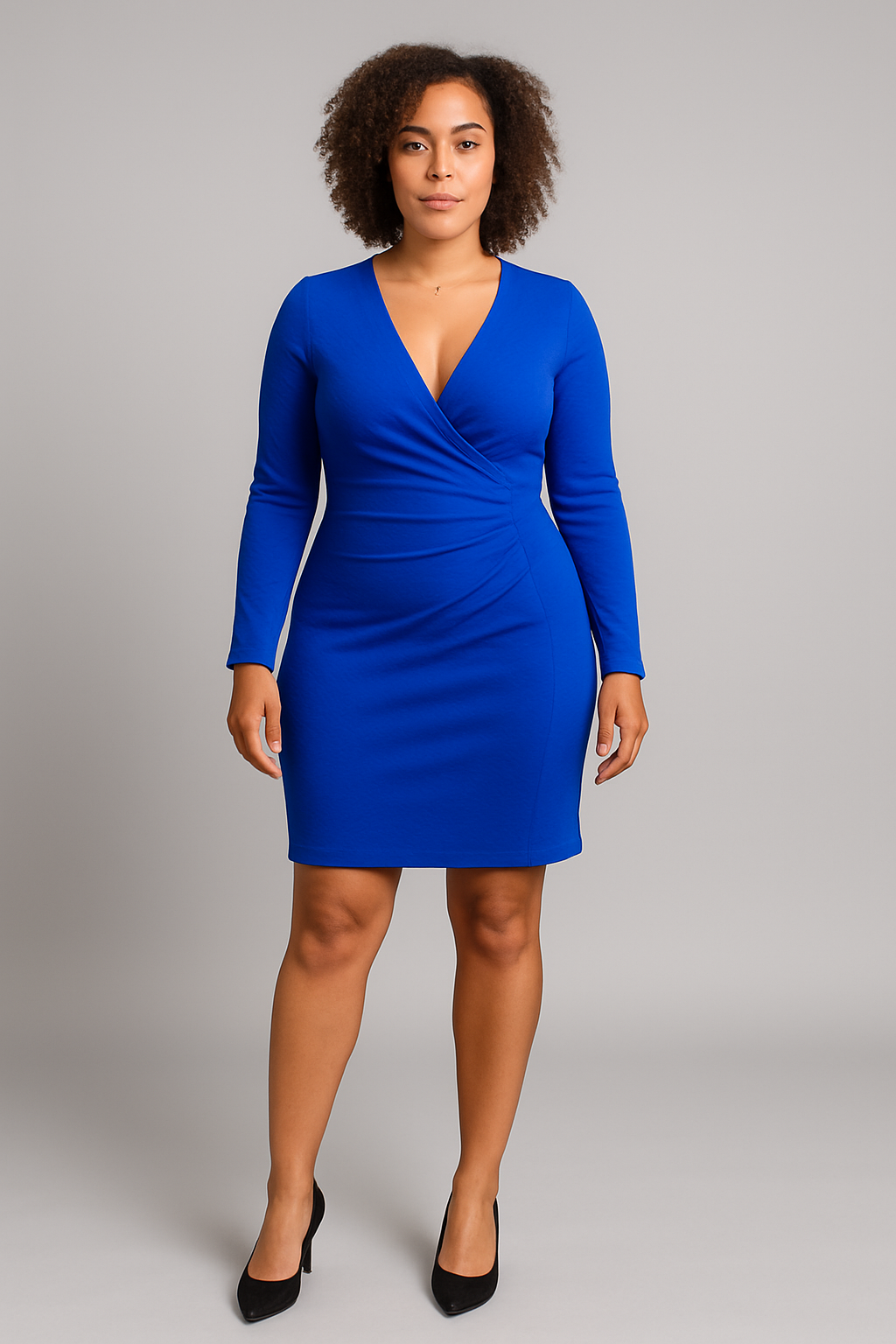 Royal Blue Long Sleeve Wrap Bodycon Dress – Deep V-Neck Elegance