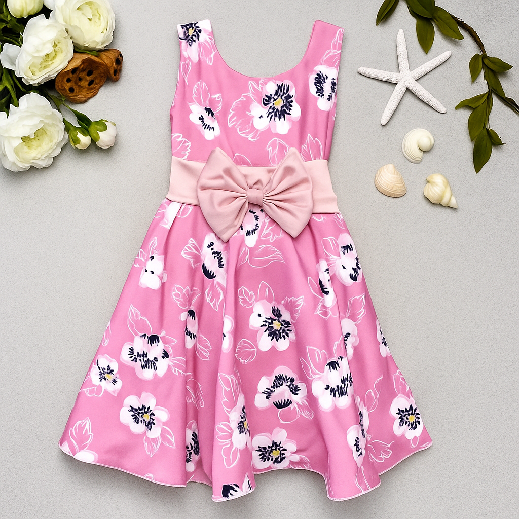 Girls' Pink Floral Dress with Waist Bow – Sleeveless Party Style