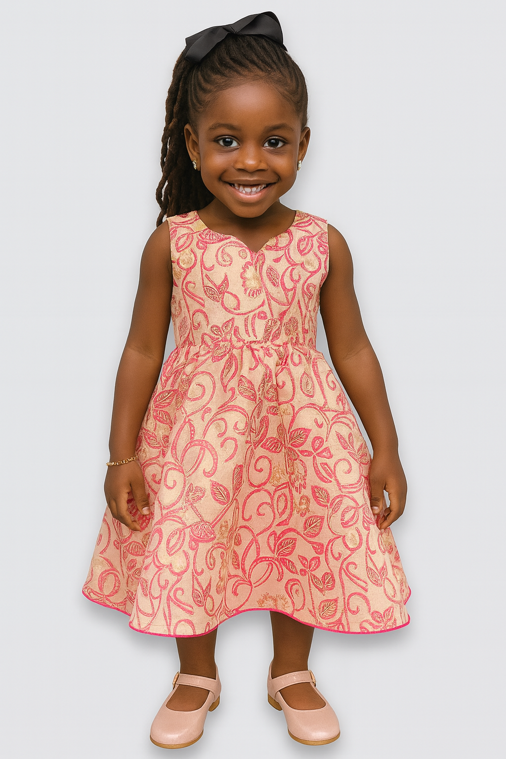 Girls’ Elegant Sleeveless Party Dress – Peach & Red Floral Design