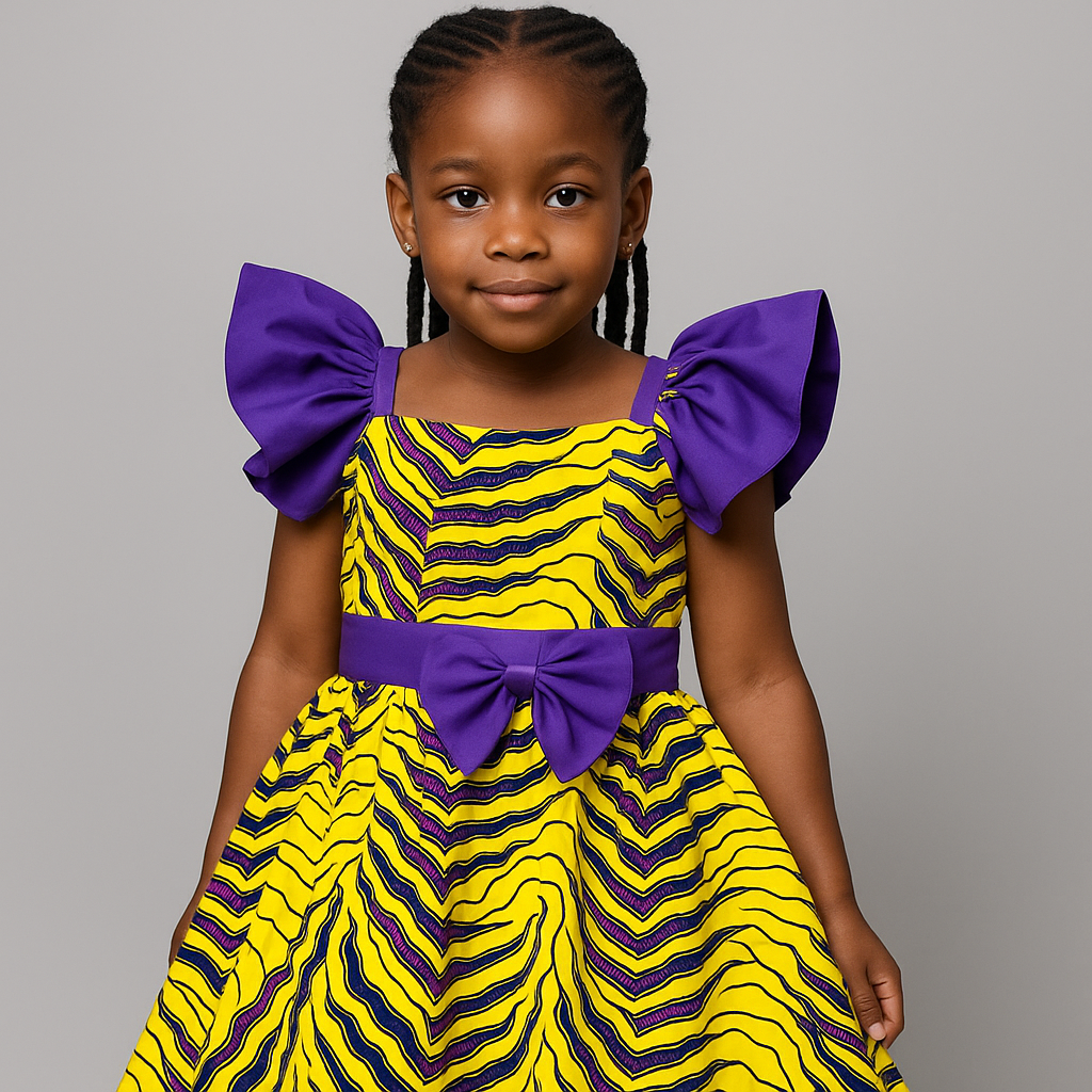Girls' Puff Sleeve Ankara Party Dress – Yellow & Purple