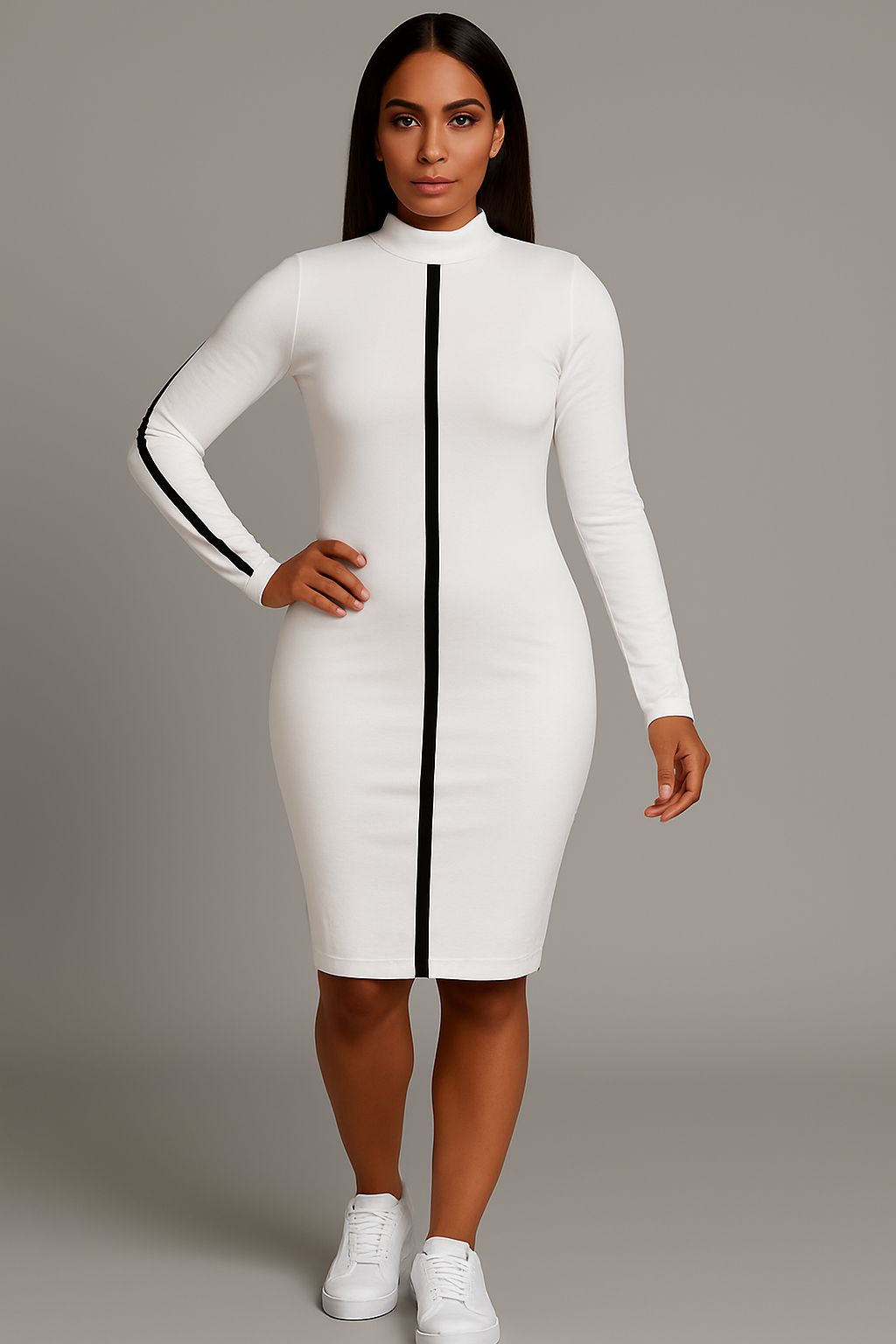 Long Sleeve Bodycon Dress with White Trim Detail