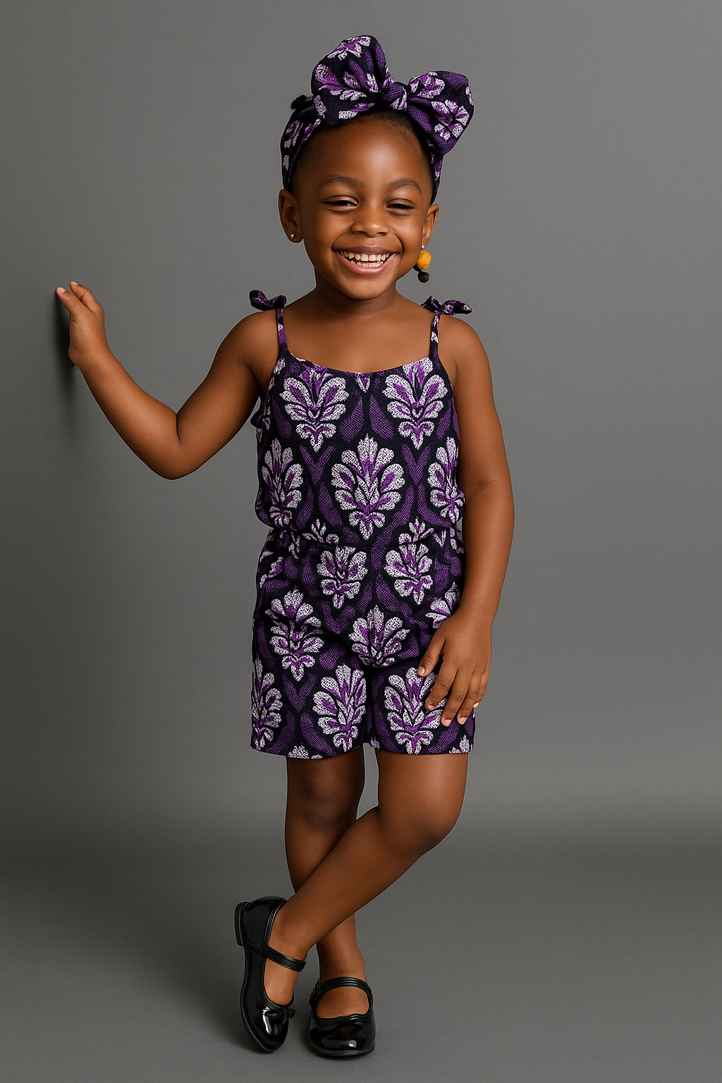 Purple Ankara Floral Romper with Headband – Kids