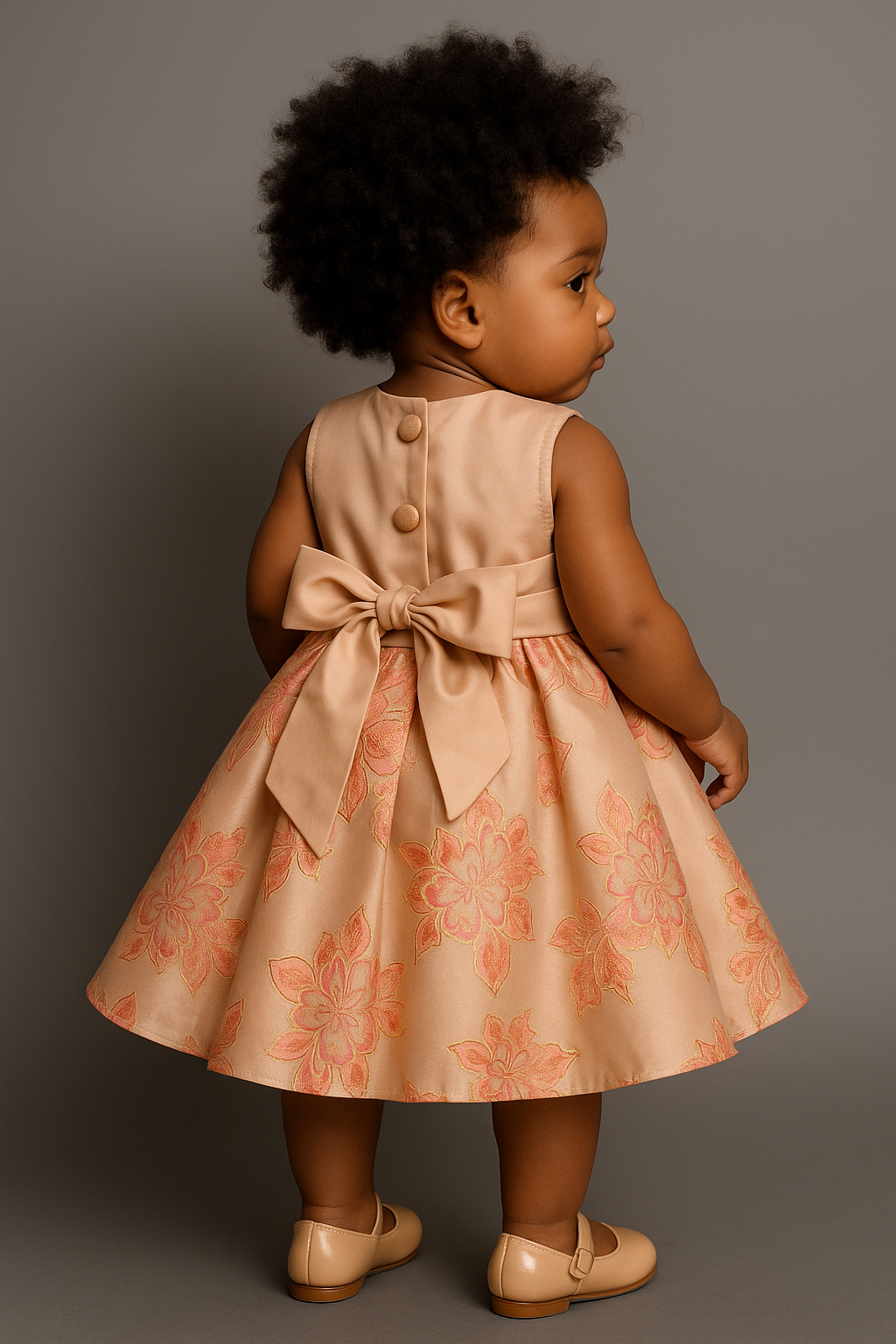 Peach Blossom Baby Girl Party Dress – Satin & Floral Elegance