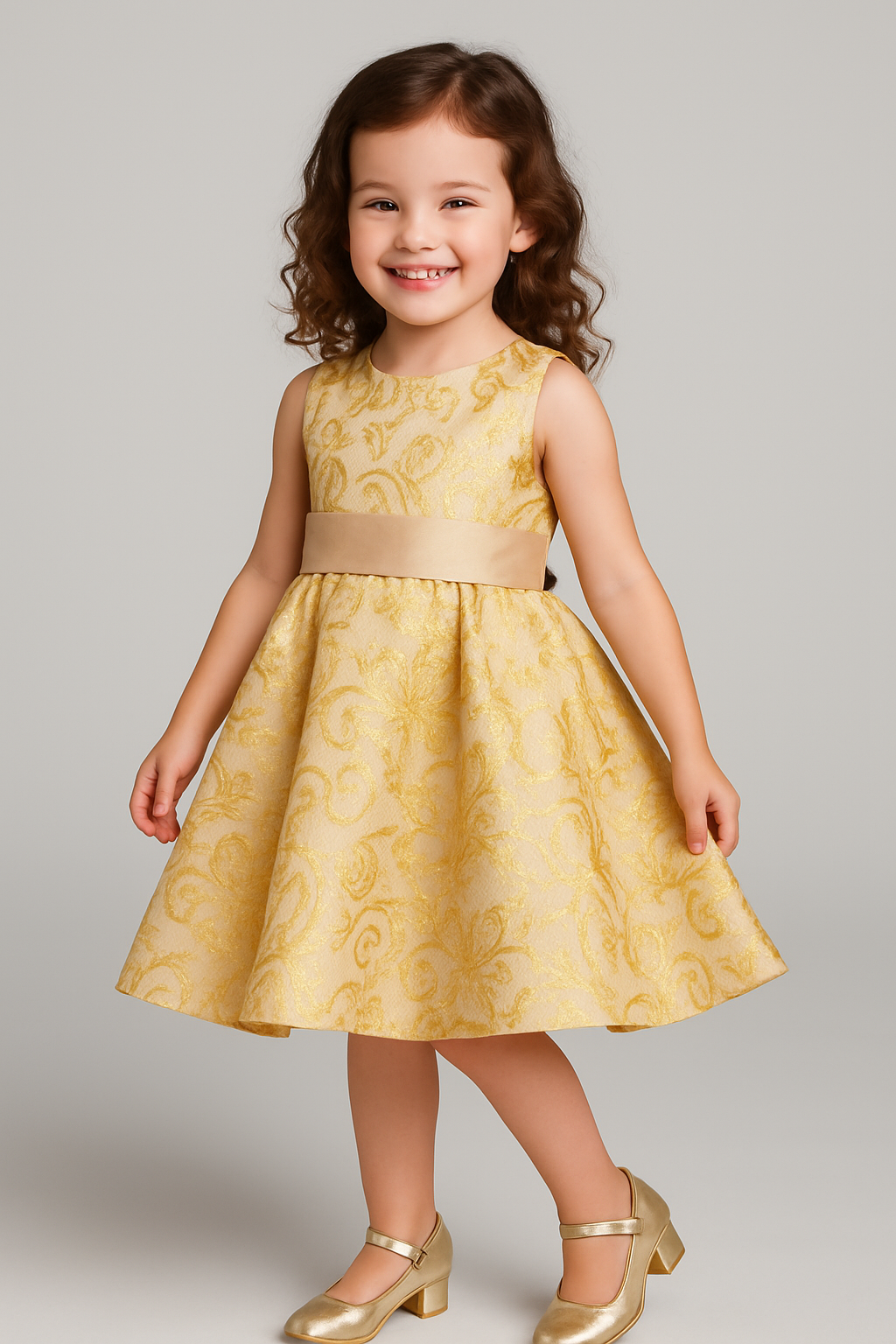 Champagne Gold Floral Dress with Bow – Elegant Girl Party Dress