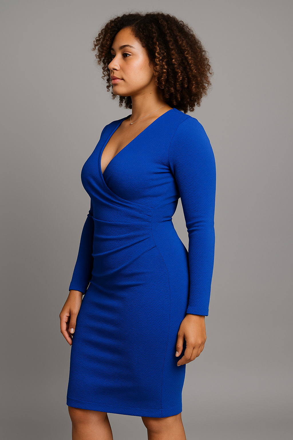 Royal Blue Long Sleeve Wrap Bodycon Dress – Deep V-Neck Elegance
