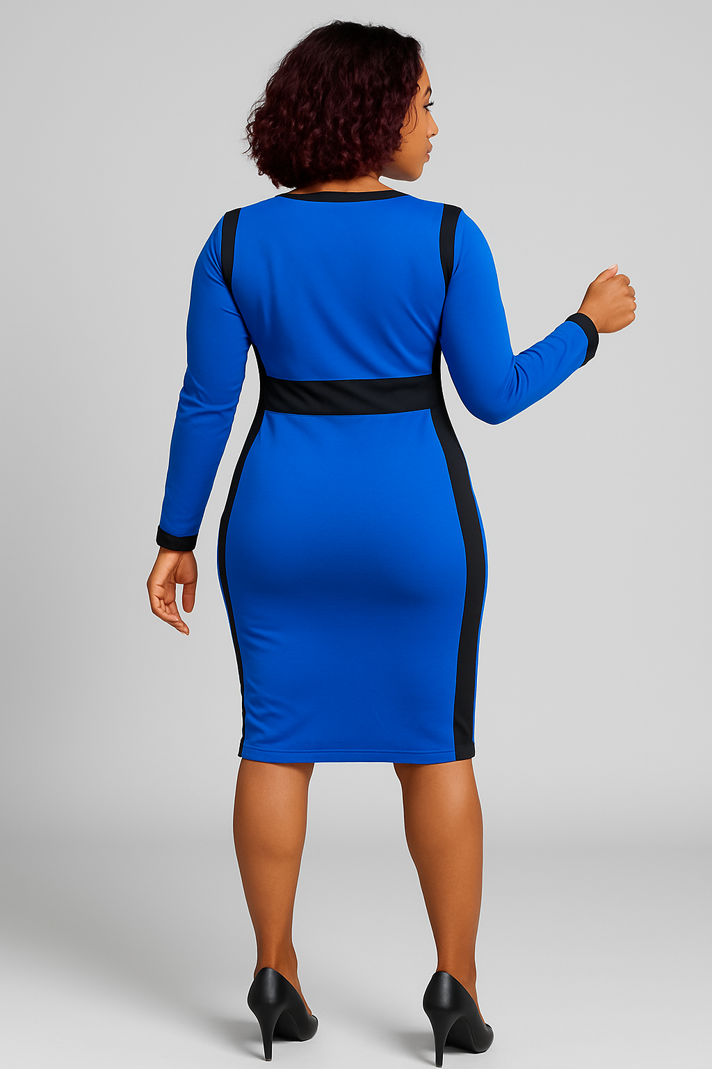 Royal Blue Bodycon Dress with Black Trim and Front Zipper