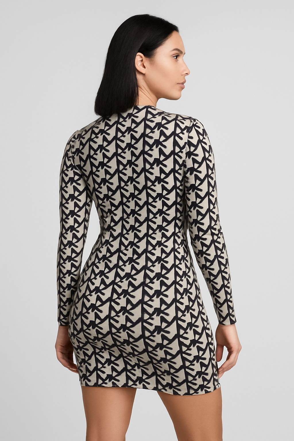MK Monogram Long Sleeve Bodycon Mini Dress – Beige & Black