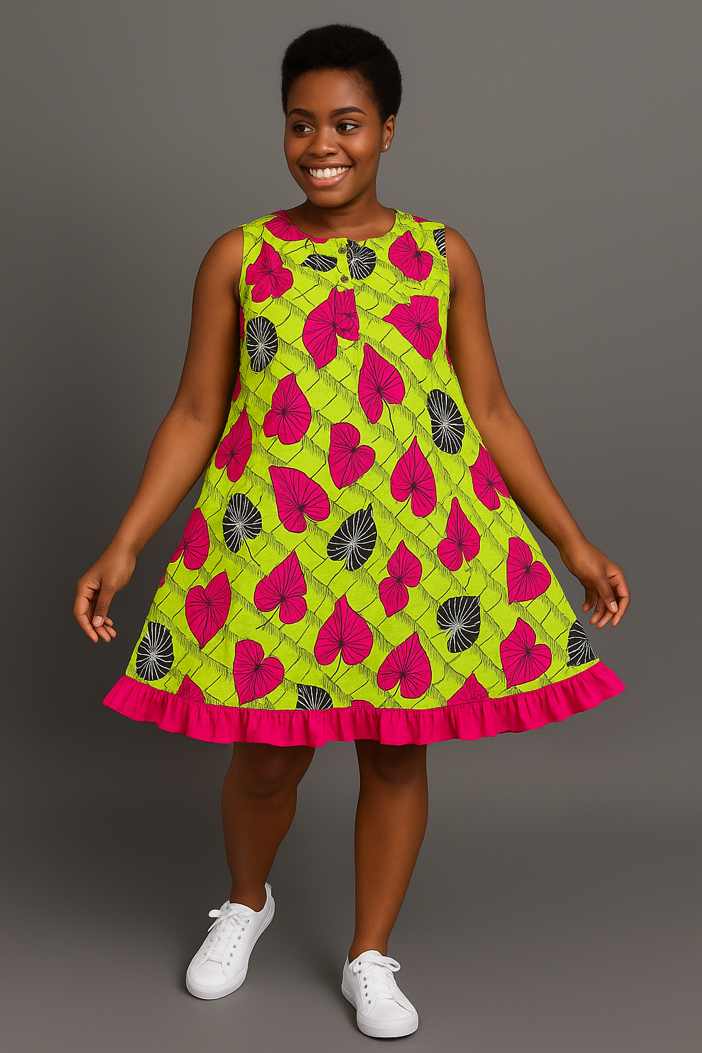 Sleeveless Ankara Trapeze Dress with Pink Ruffle Hem