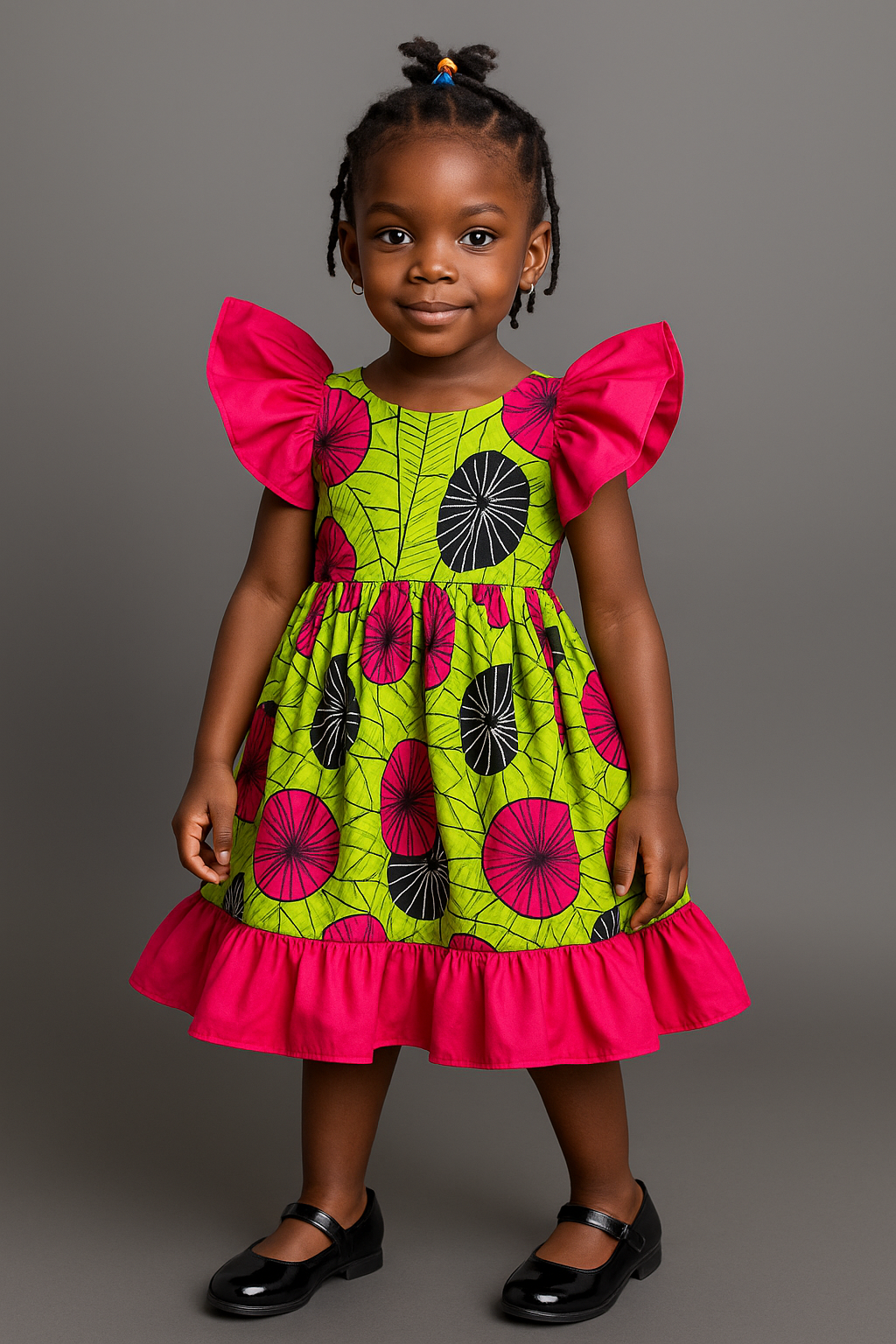 Girls’ Neon Green & Pink Floral Ankara Dress with Back Bow