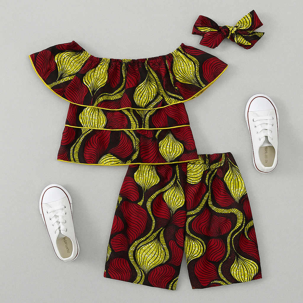Colorful Ankara Off-Shoulder Top & Short Set with Headband