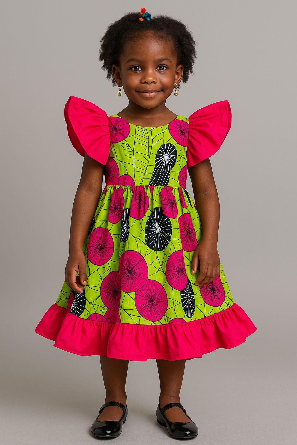 Girls’ Neon Green & Pink Floral Ankara Dress with Back Bow