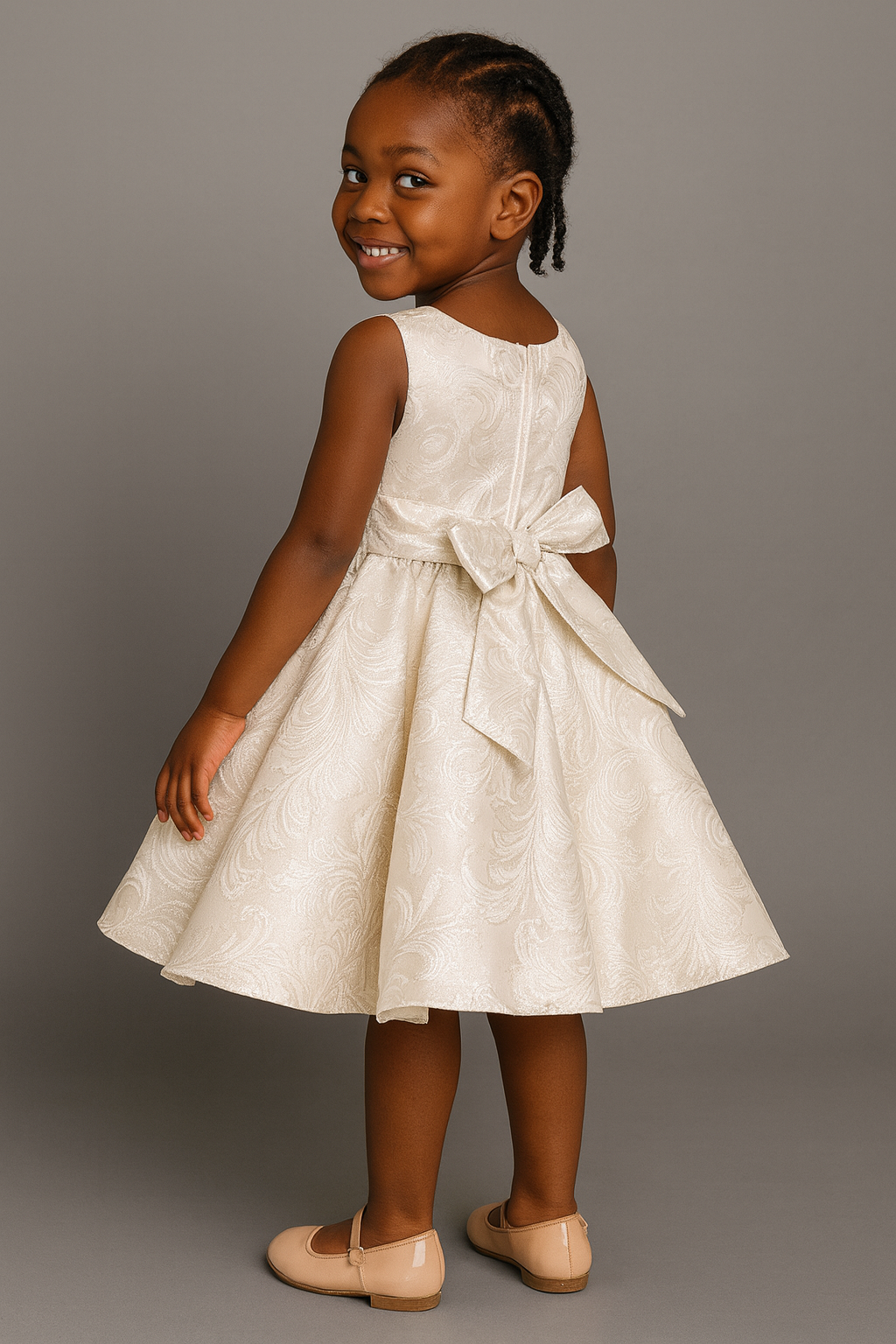 Chic Ivory Brocade Dress with Back Bow – Girls