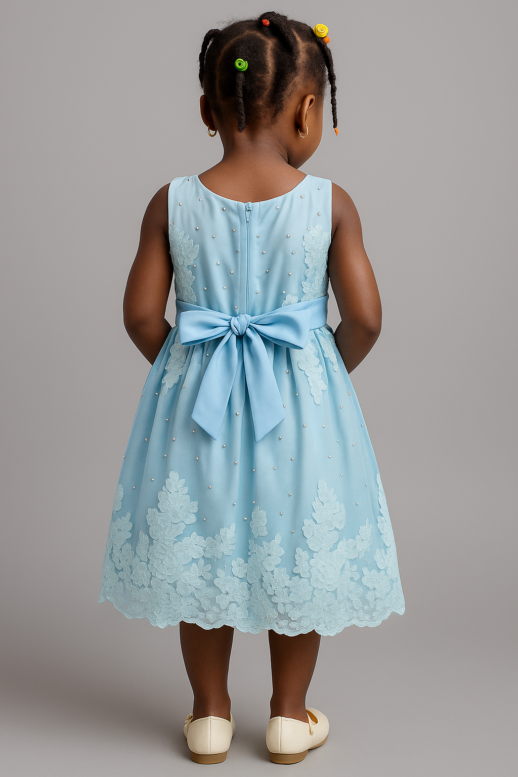 Royal Blue Lace & Pearl Party Dress for Girls – Back Bow Detail