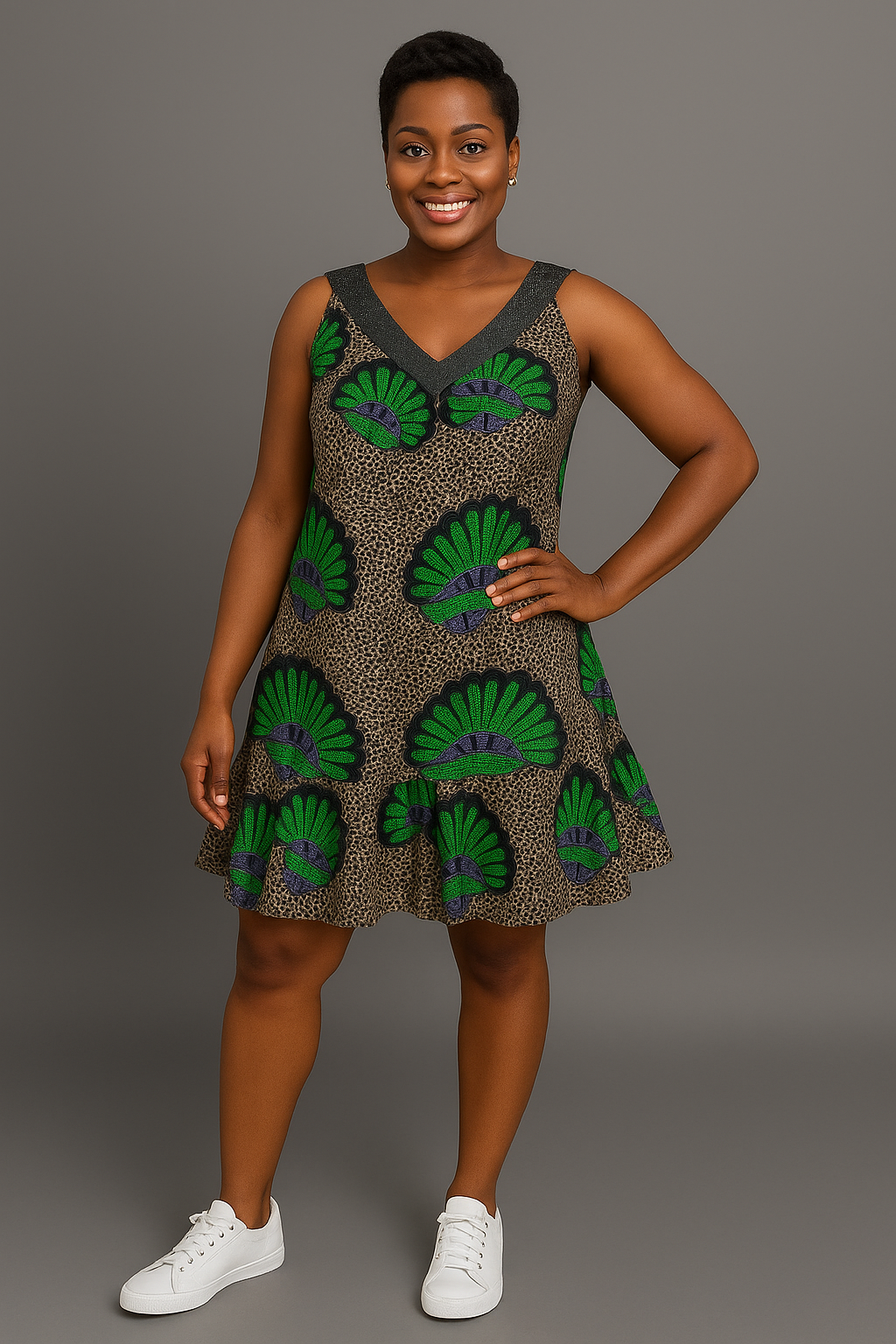 Ankara Flare Dress with V-Back – Green & Black Print