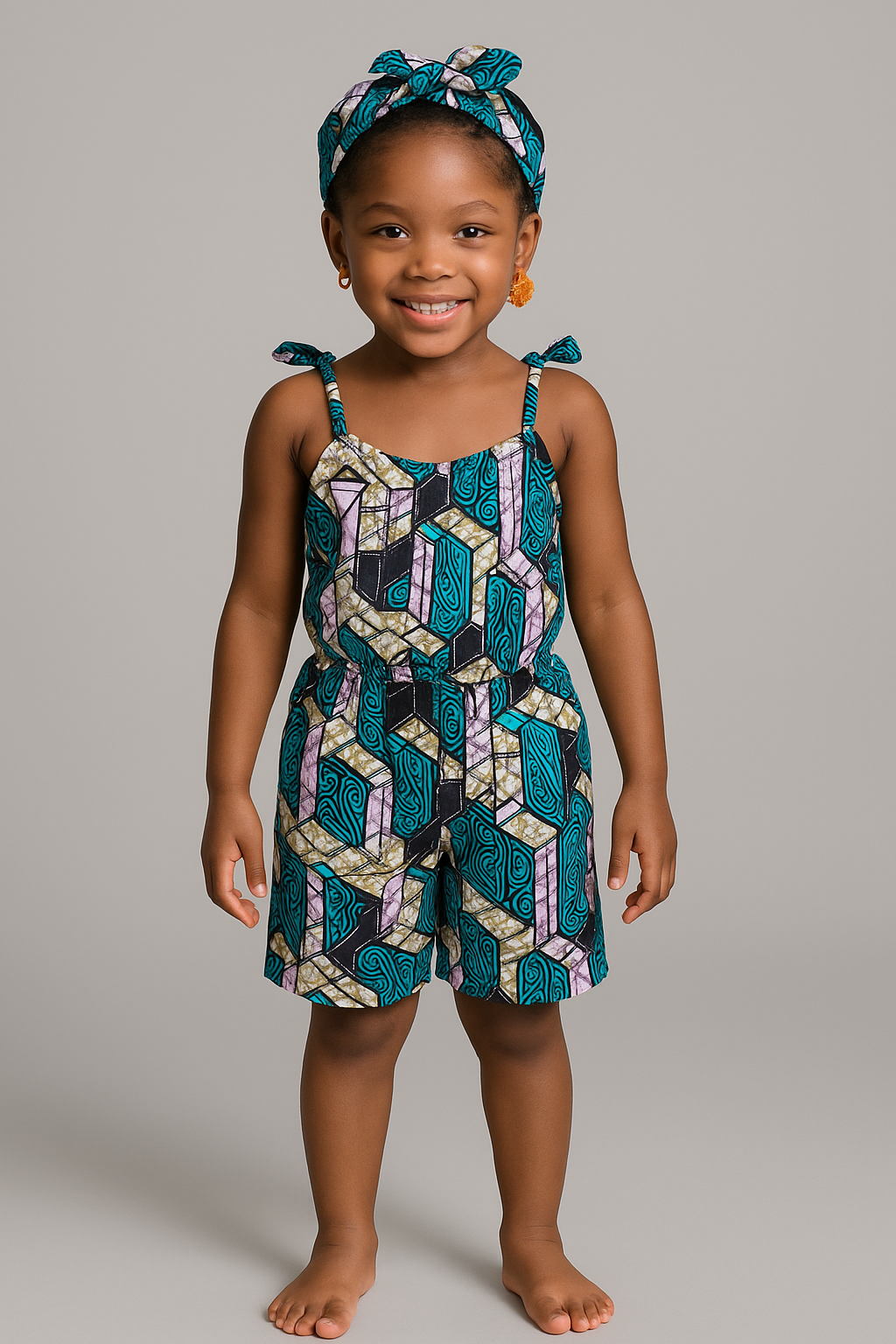 Purple Ankara Floral Romper with Headband – Kids