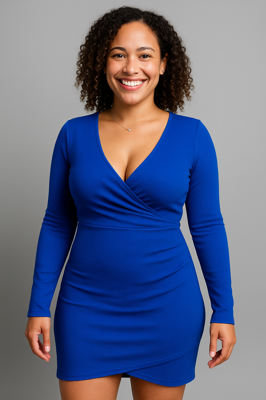Royal Blue Long Sleeve Wrap Bodycon Dress – Deep V-Neck Elegance