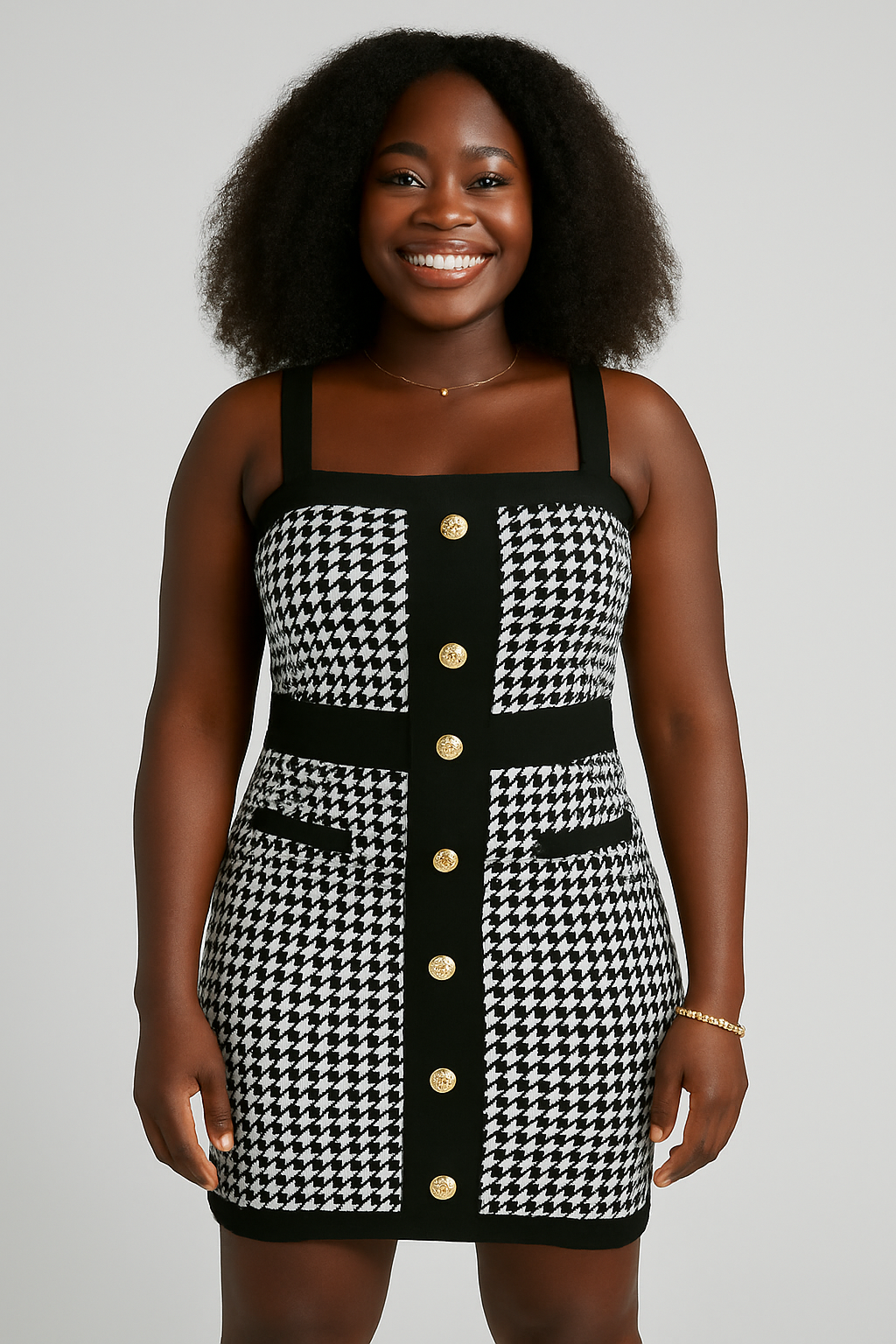 Houndstooth Gold-Button Bodycon Dress – Black & White Elegance