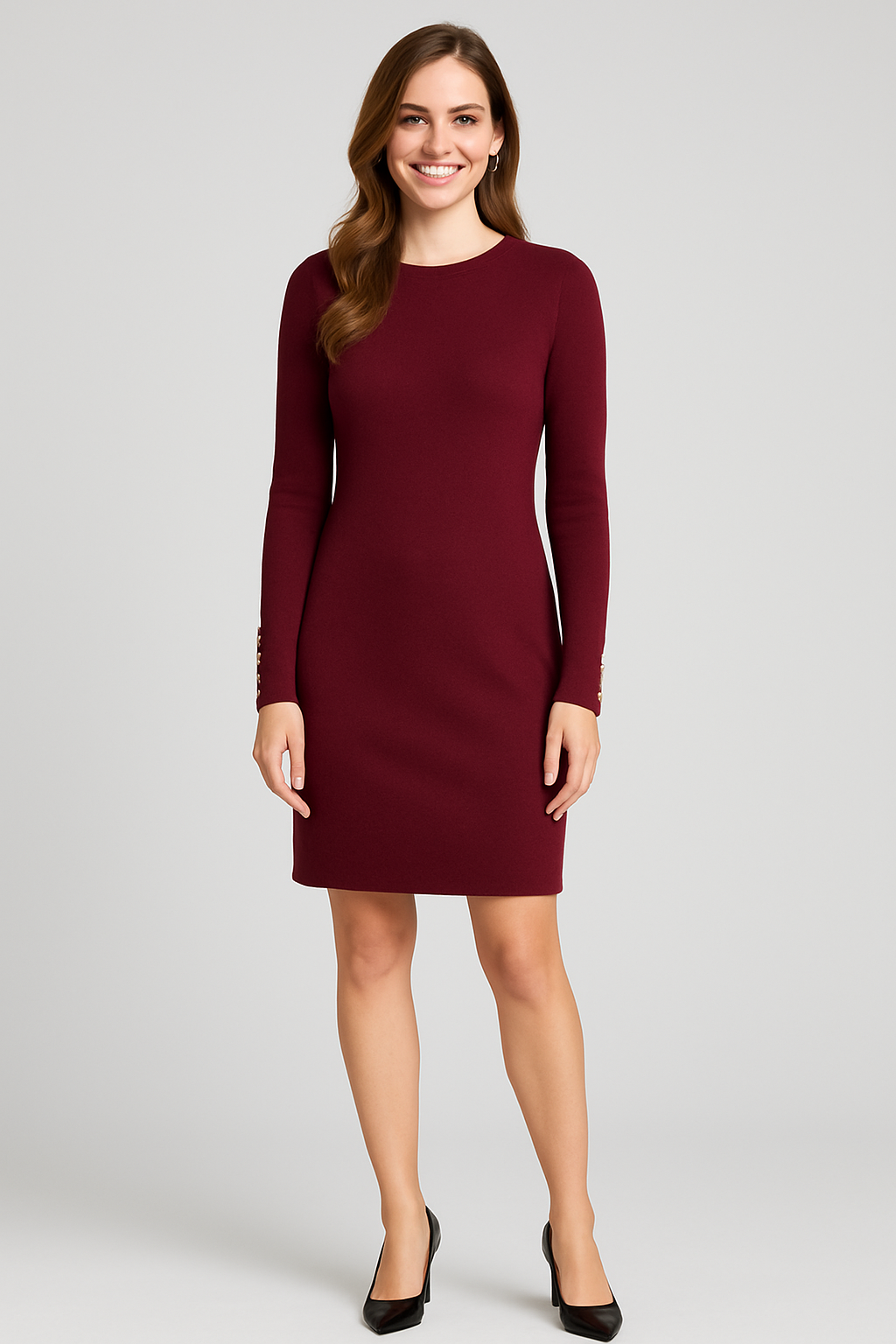 Burgundy Ribbed Knit Cutout Midi Dress with Gold Button Detail