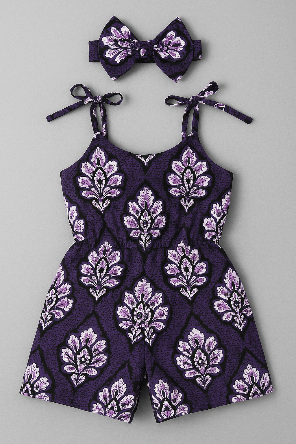 Purple Ankara Floral Romper with Headband – Kids