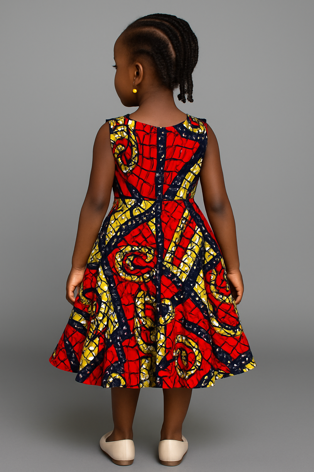 Girls’ Sleeveless Ankara Print Party Dress – Red, Yellow & Navy