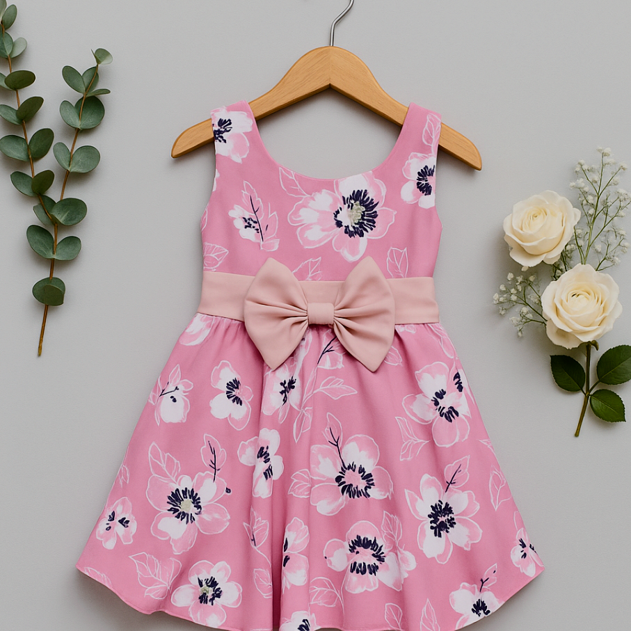 Girls' Pink Floral Dress with Waist Bow – Sleeveless Party Style