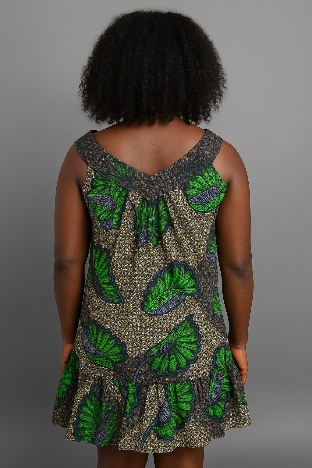 Ankara Flare Dress with V-Back – Green & Black Print