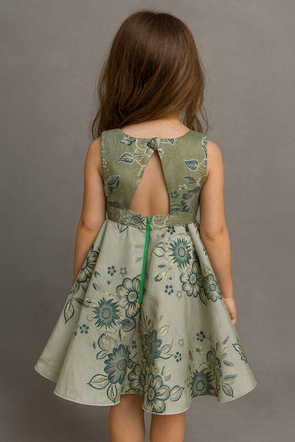 Elegant Sage Green Floral Brocade Dress for Girls