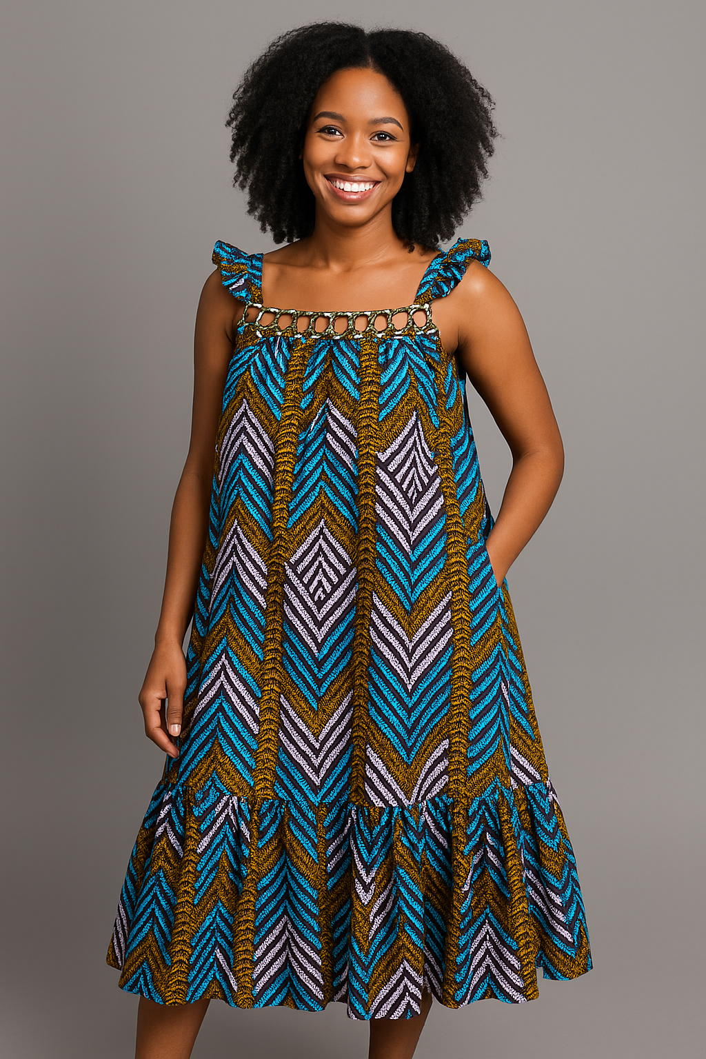 Ankara Flare Midi Dress with Ring Detail