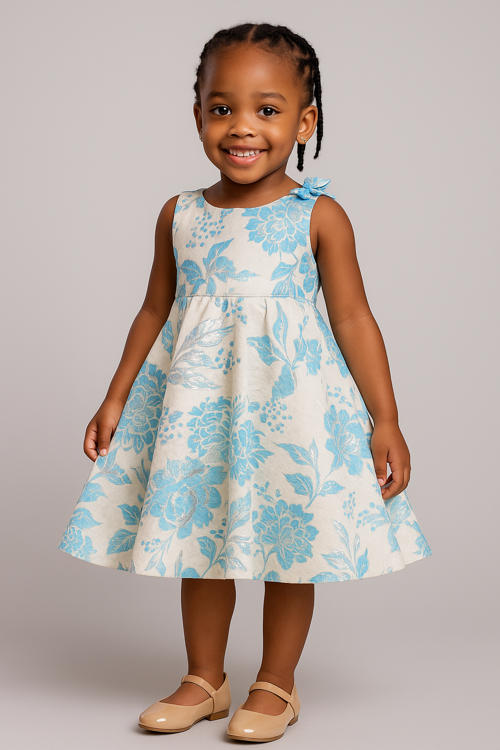 Elegant Blue Floral Brocade Dress – Girls