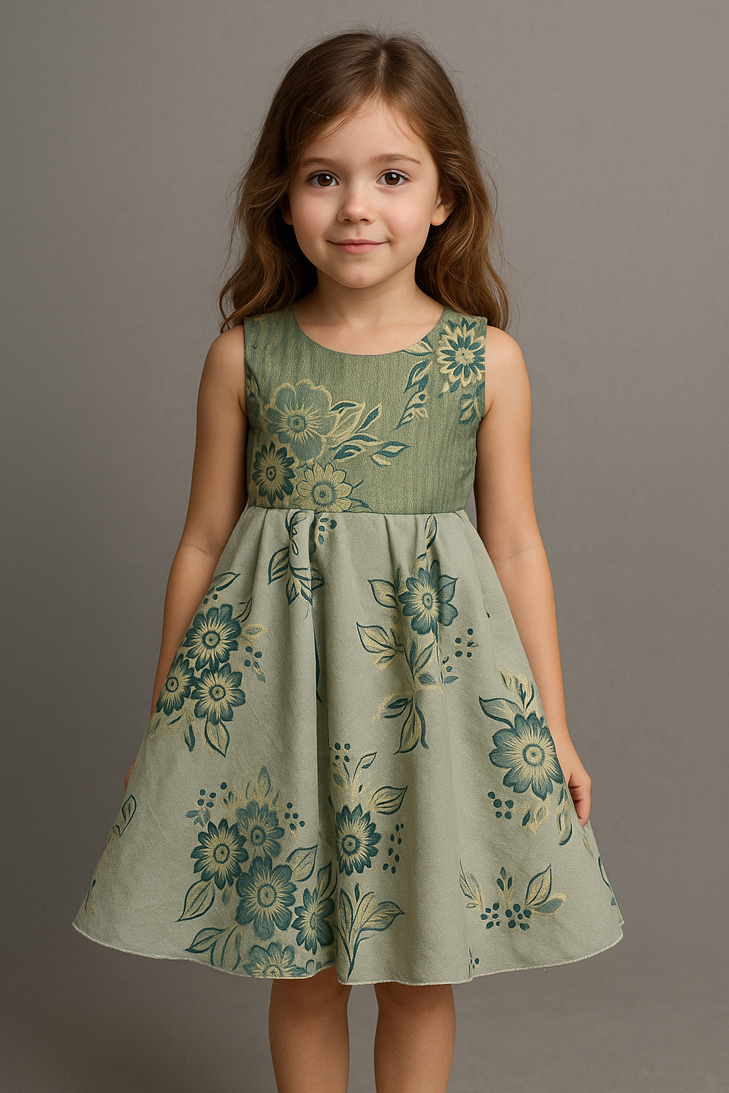 Elegant Sage Green Floral Brocade Dress for Girls