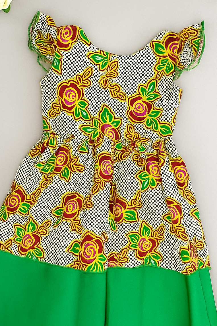 Floral Ankara Ruffle Sleeve Girls Dress – Green Accent