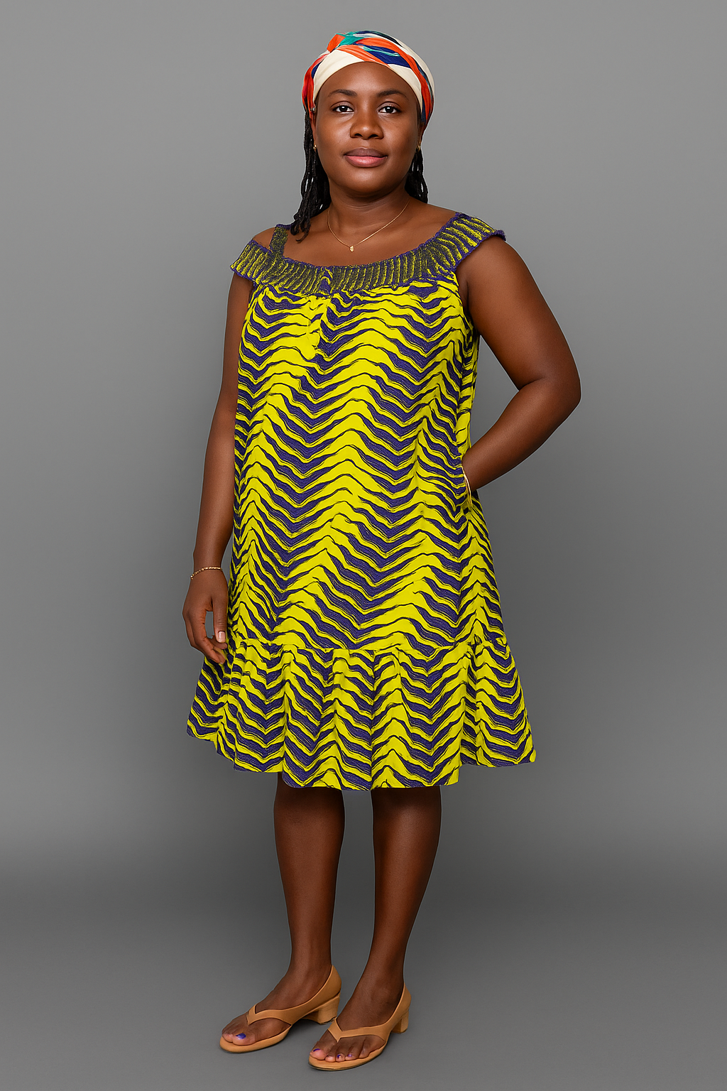 Women’s Off-Shoulder Ankara Dress – Yellow & Purple Print